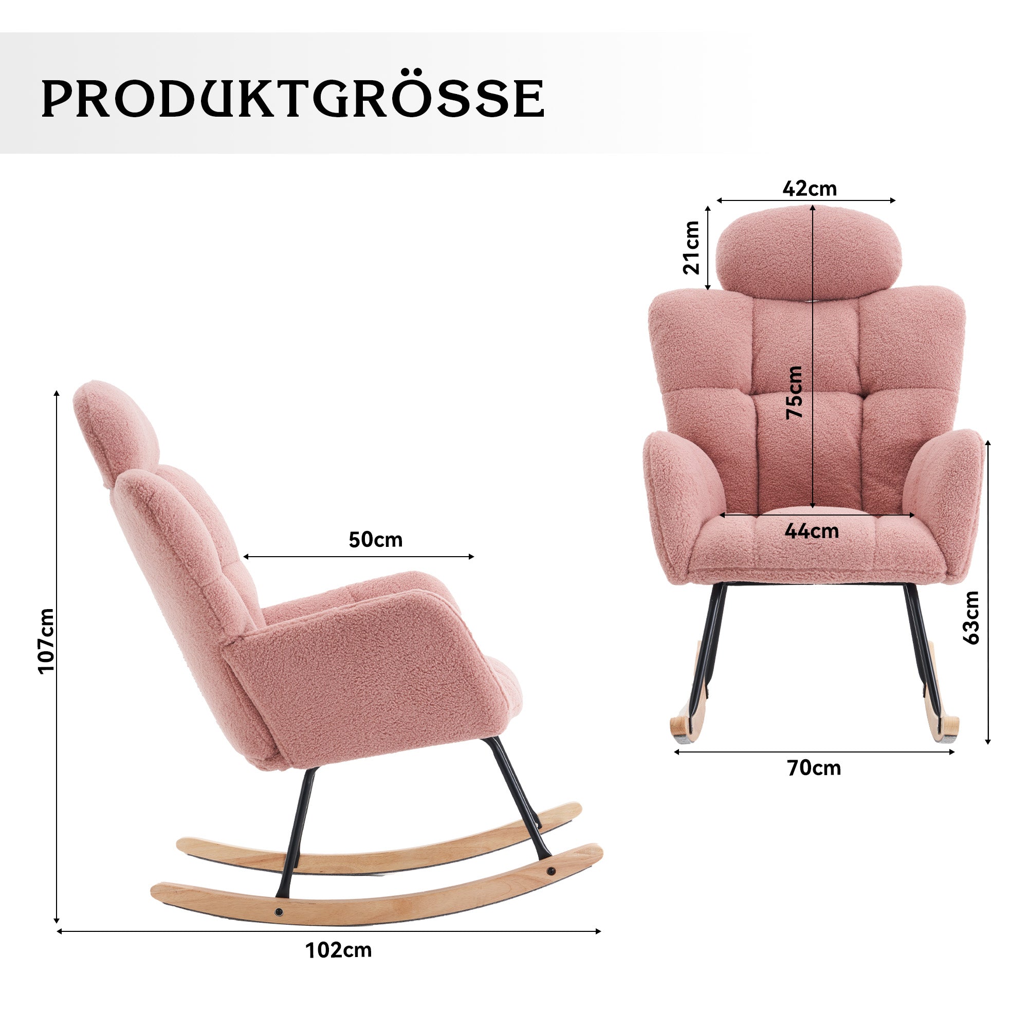 Rocking Chair 055, Tufted Upholstered, Pink Teddy Fabric