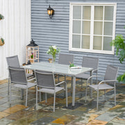 7 Piece Garden Dining Set, Table with 6 Stackable Chairs, Steel Frame & Tempered Glass, Grey
