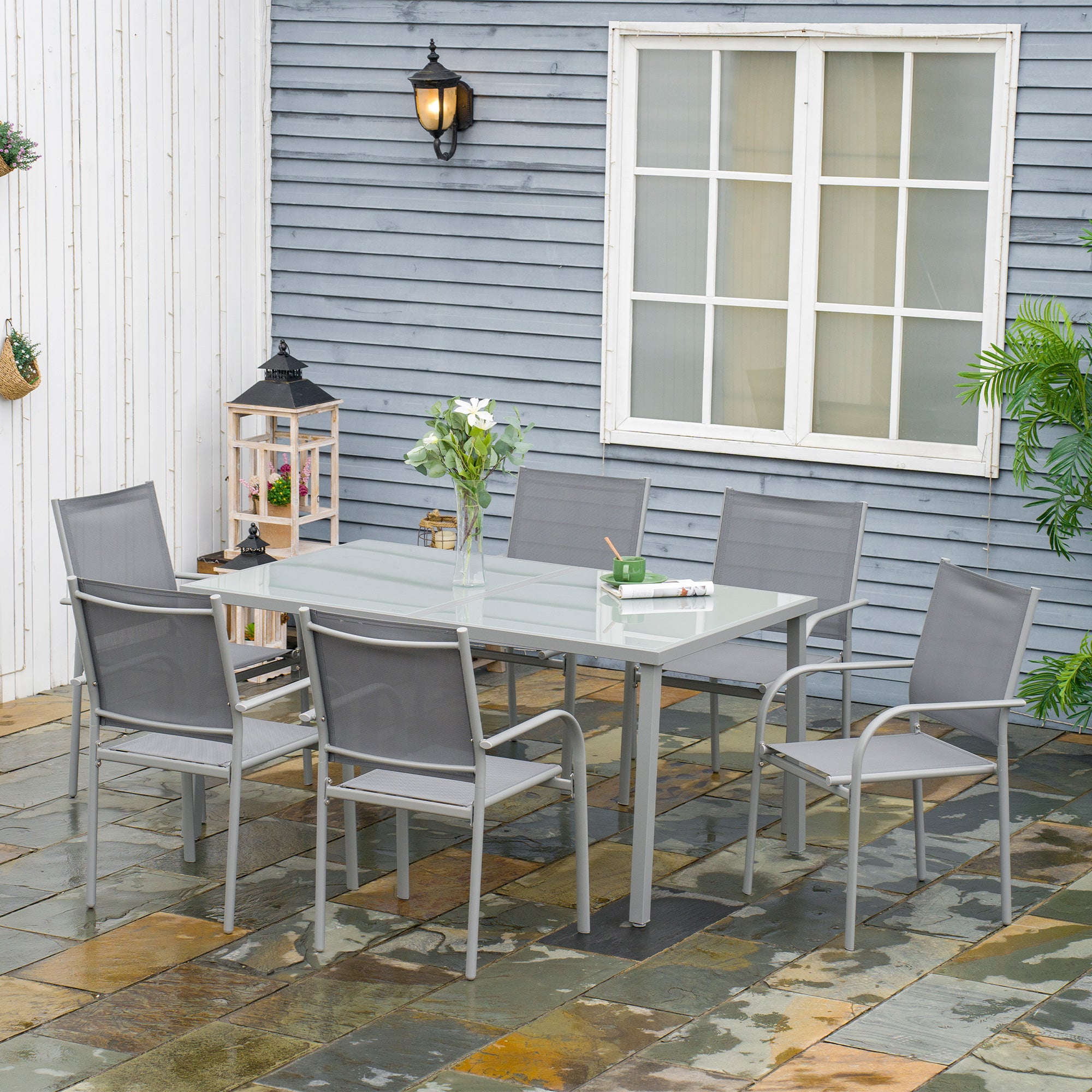 7 Piece Garden Dining Set, Table with 6 Stackable Chairs, Steel Frame & Tempered Glass, Grey