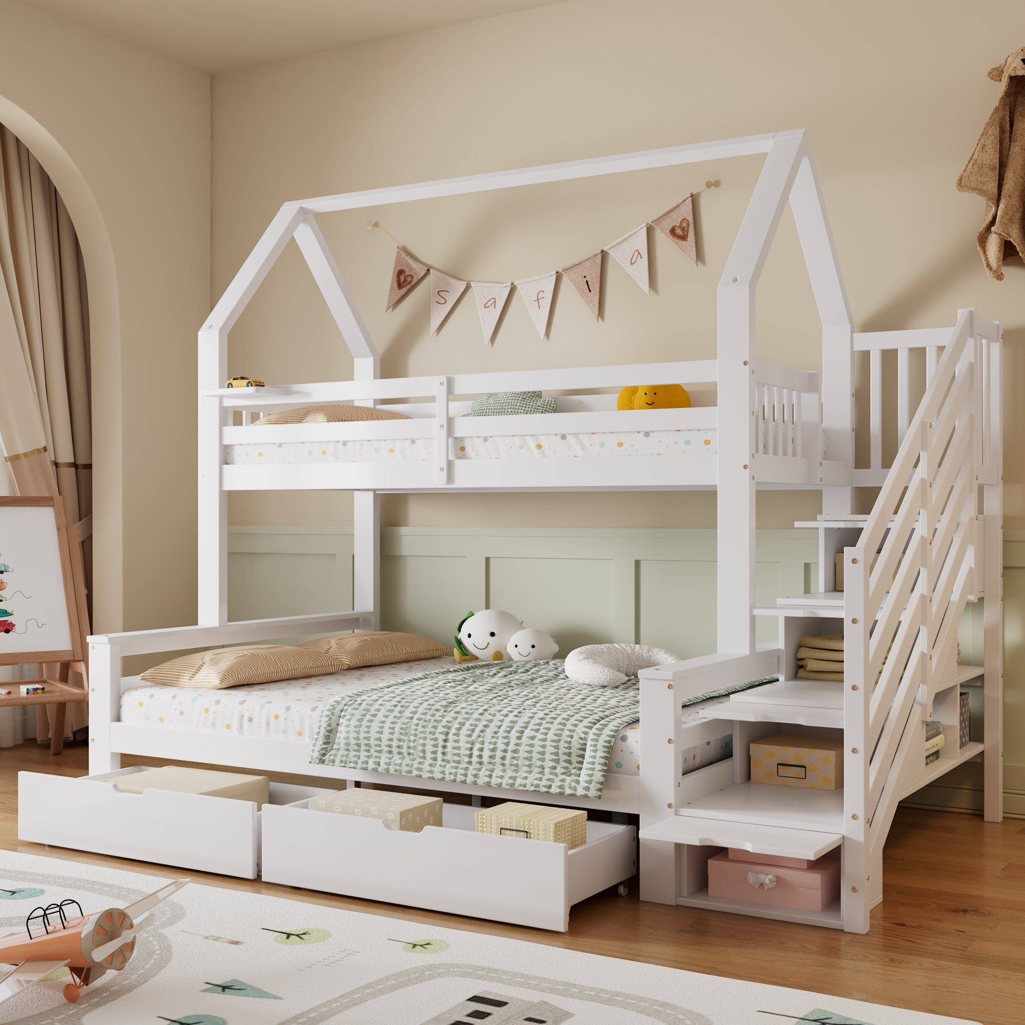 Bunk Bed Children's, Two Drawers Roof Design Safety Railing Stair Cupboard, 90x200cm & 140x200cm, Pine + MDF + Plywood White