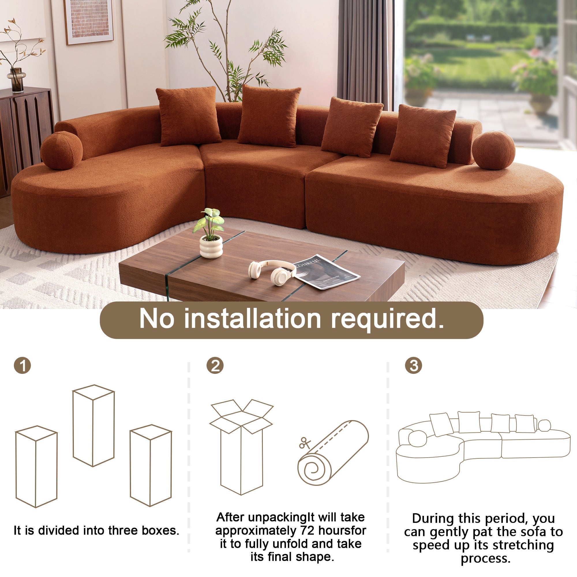 L-Shaped Sectional Cloud Sofa with Arched Design and Thick Padding, White Fabric