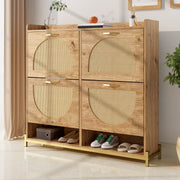 Shoe Cabinet, 4 Doors Metal Frame Top Shelf, Wooden Rattan