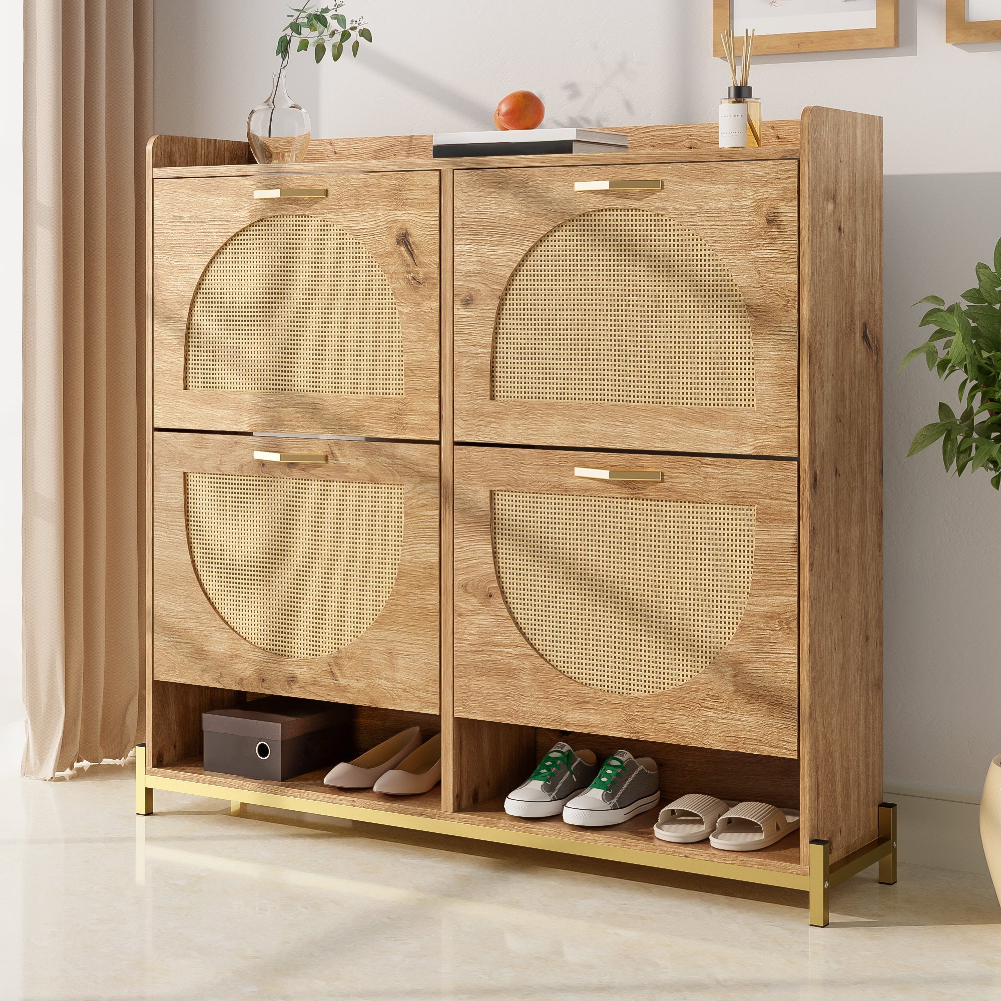 Shoe Cabinet, 4 Doors Metal Frame Top Shelf, Wooden Rattan