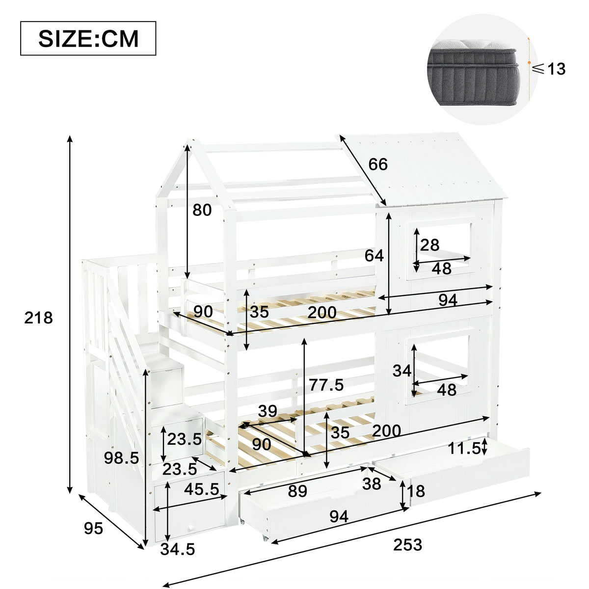 Bunk Bed with Stair Wardrobe, Storage, Window/Roof, 90x200cm, Pine/MDF/Plywood White
