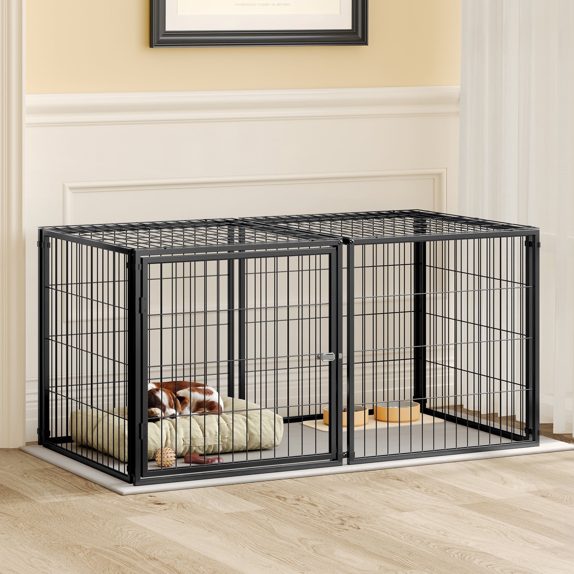 Basics Modular Dog Crate Flexible Safety Lid Adjustable Door 120x60x60cm - Black Steel
