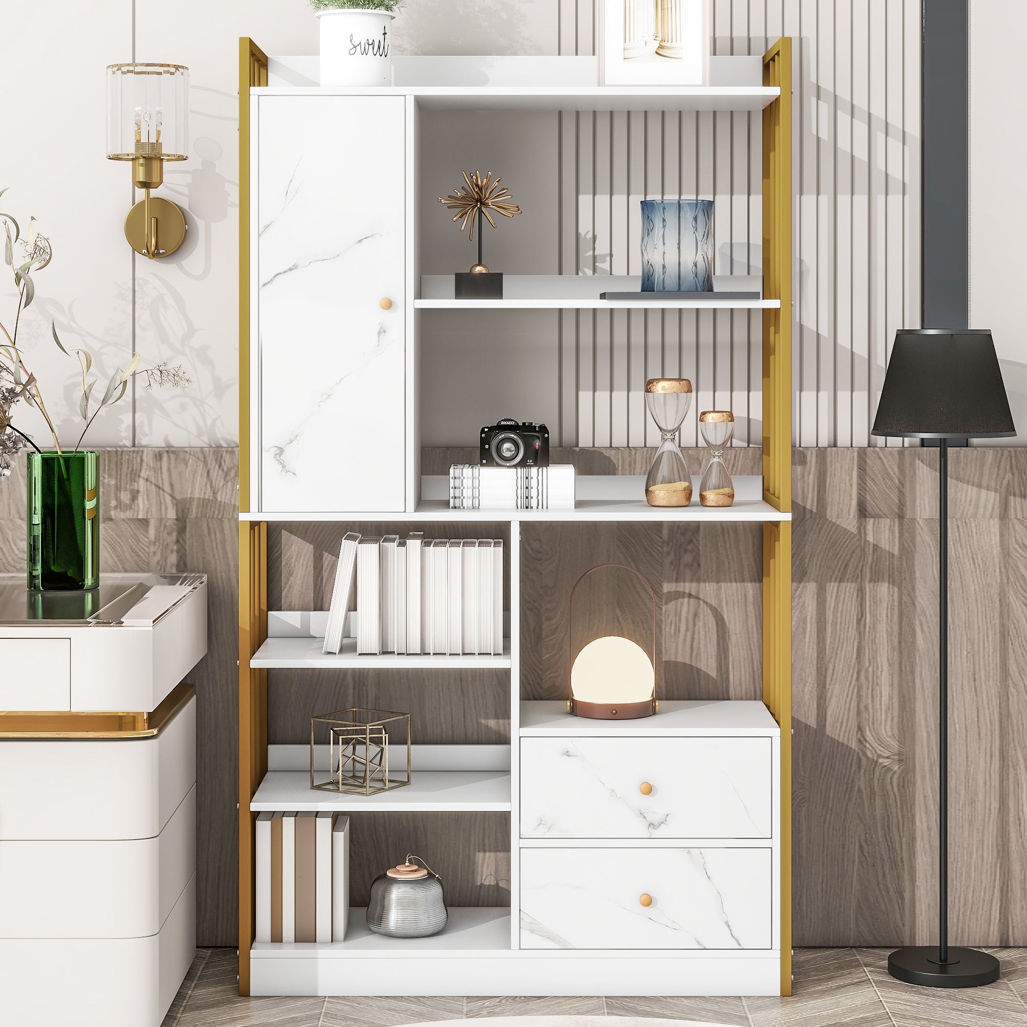 Bookcase, 6-Shelf Vertical with Doors & Drawers, Industrial Steel, White Marbled with Gold Frame