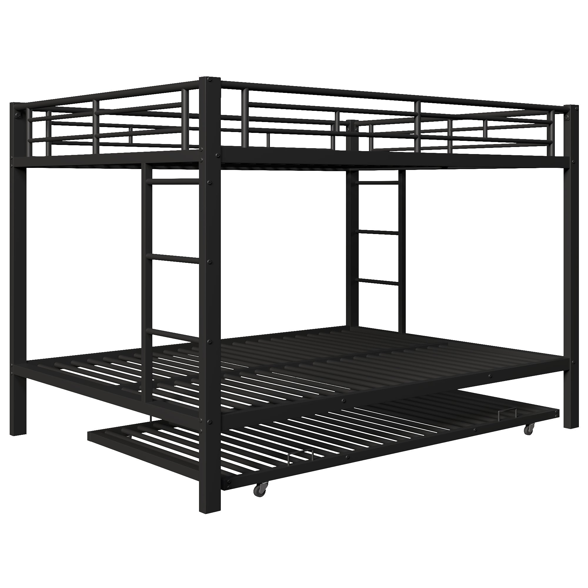140*200cm Bunk Bed with Pull-out Bed and High Railings, Iron, Black