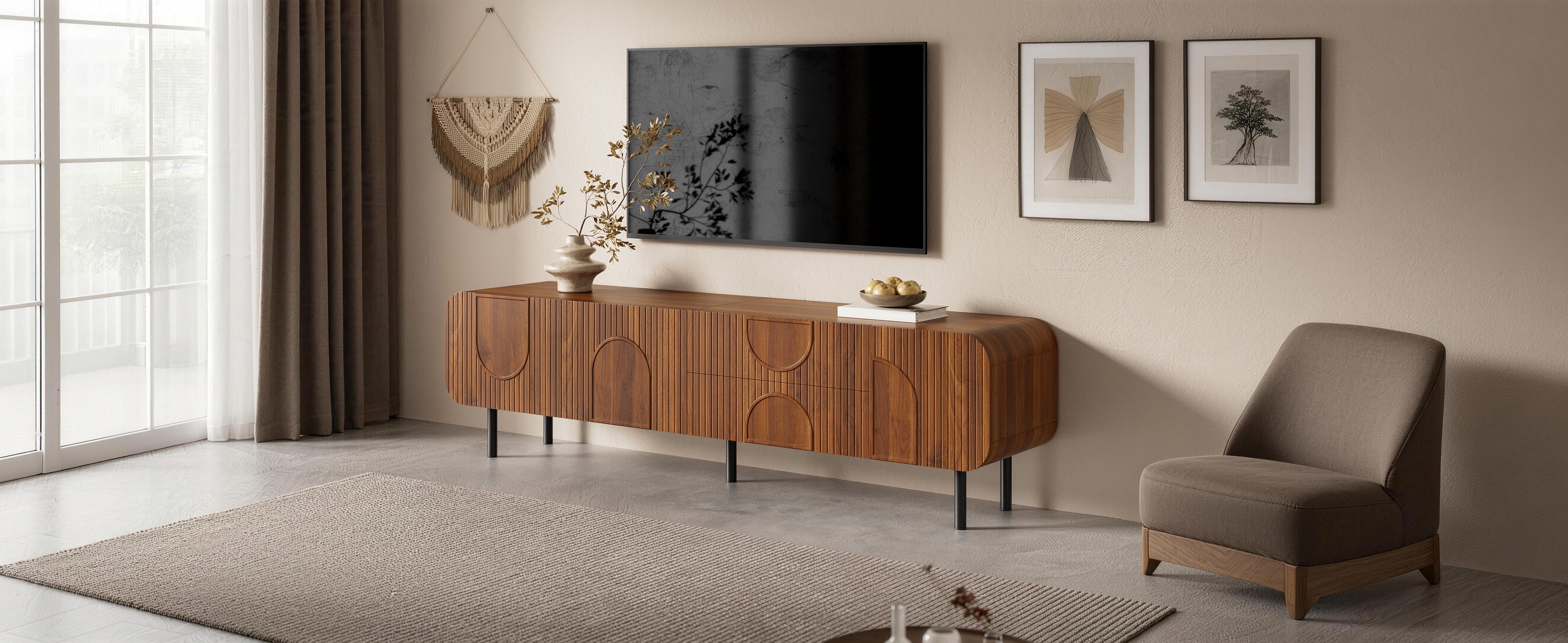 TV Cabinet with 3 Doors, 2 Drawers and Vertical Grooves, Mid-Century Style with Metal Legs