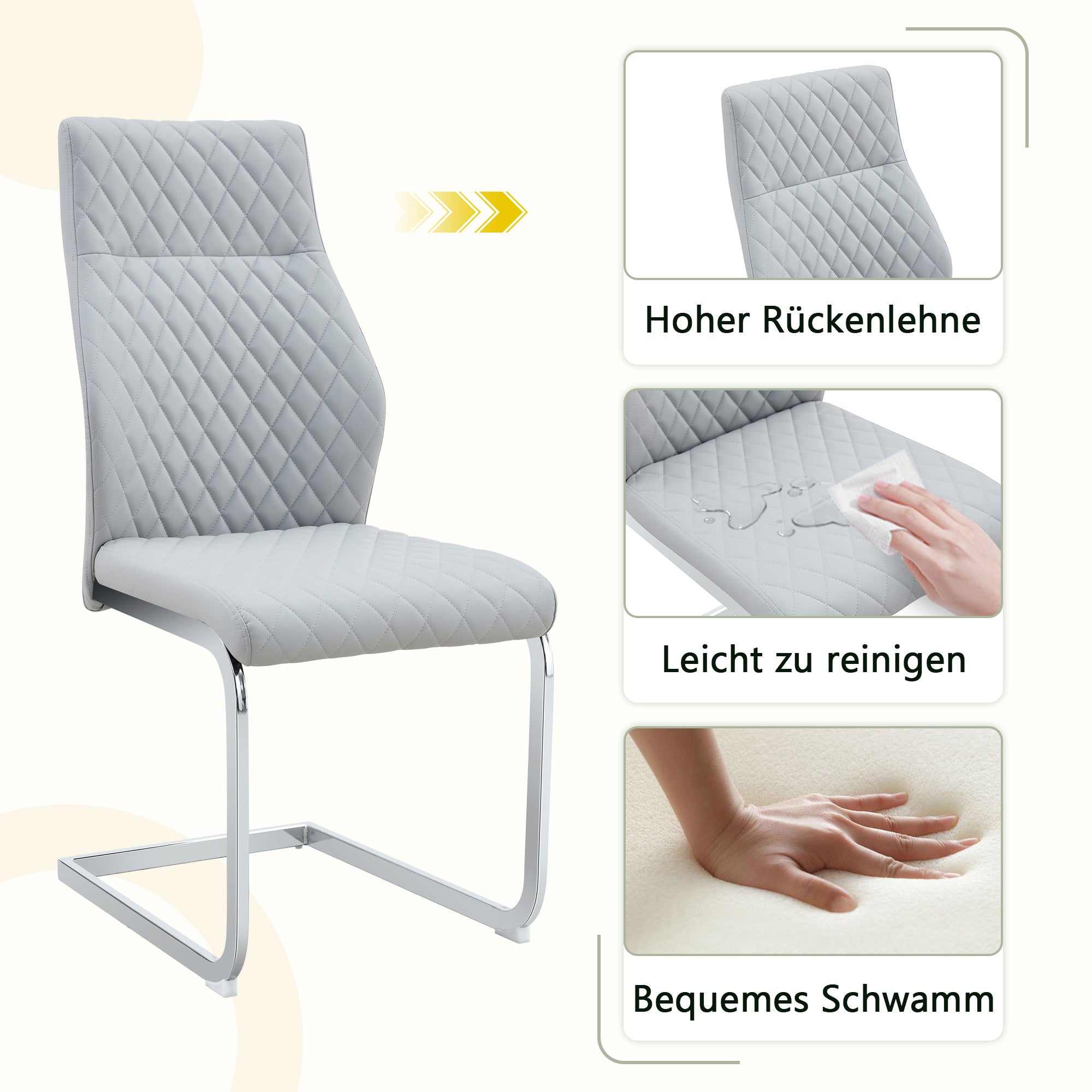 Dining Chairs Set of 2 with High Backrest and Diamond Pattern, Light Grey PU Leather