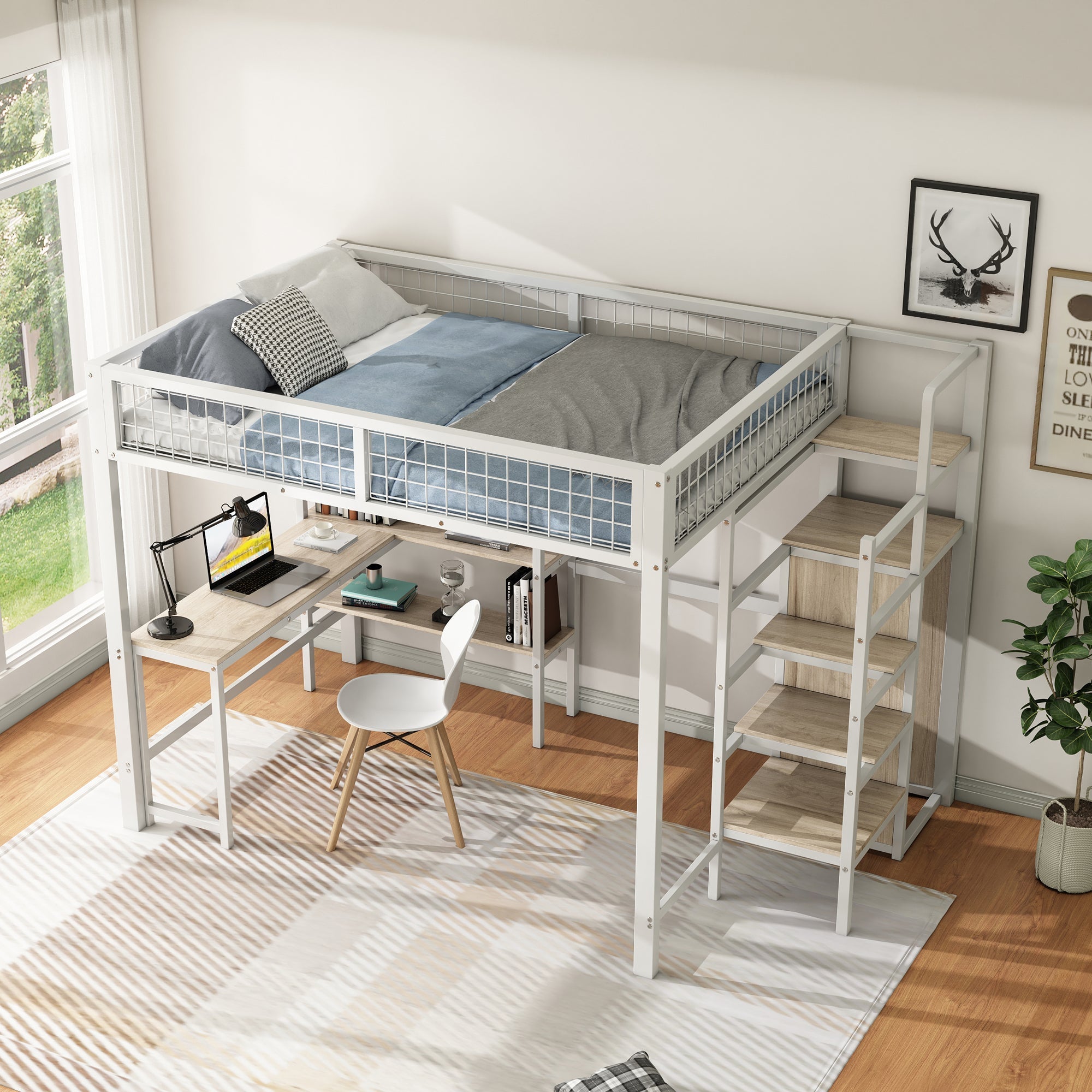 Loft Bed 140x200cm Iron Frame with Storage Ladder Shelves Wardrobe Desk White