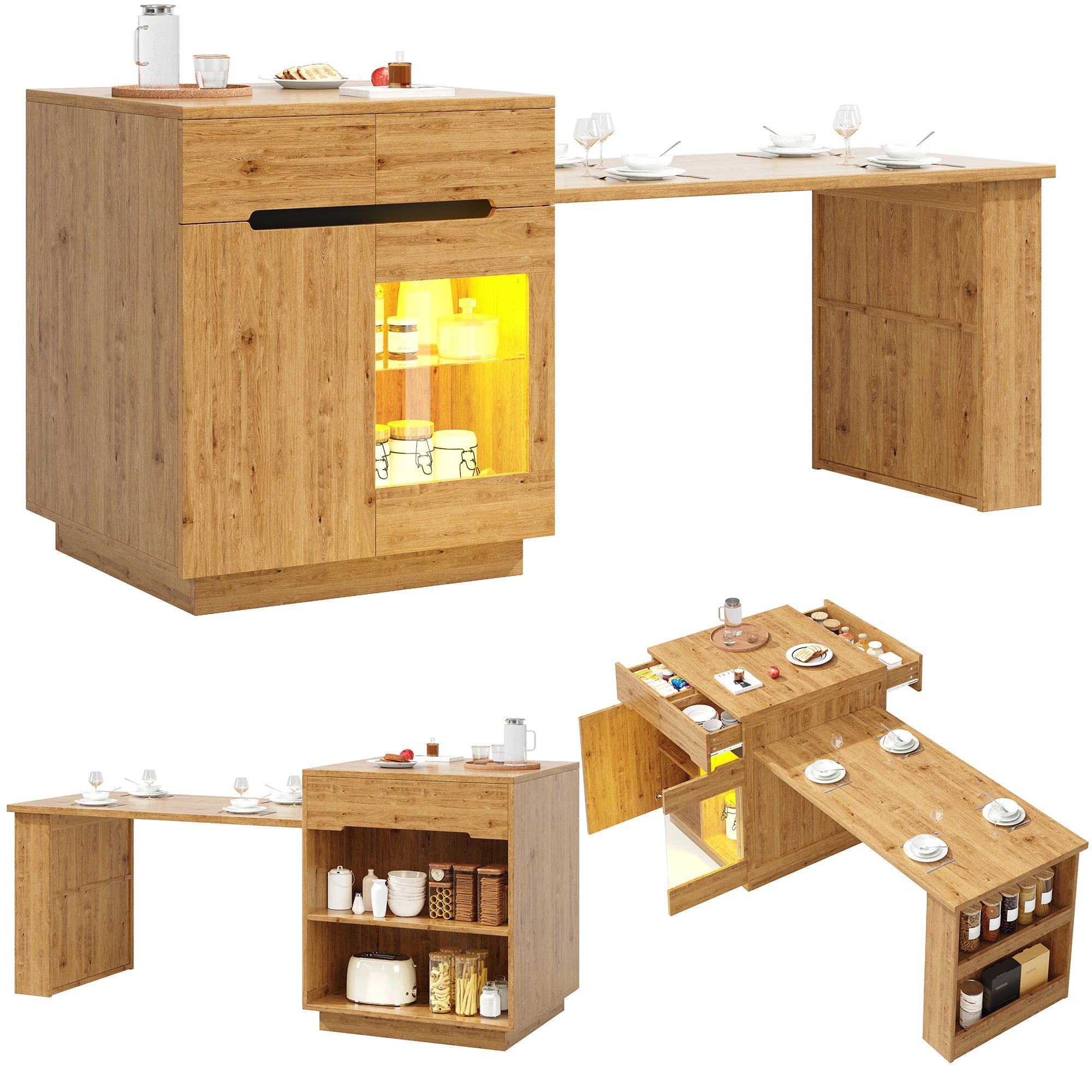 Kitchen Island with Extendable Table, Multifunctional Cabinet with LED Lighting and Drawers, Oak Look
