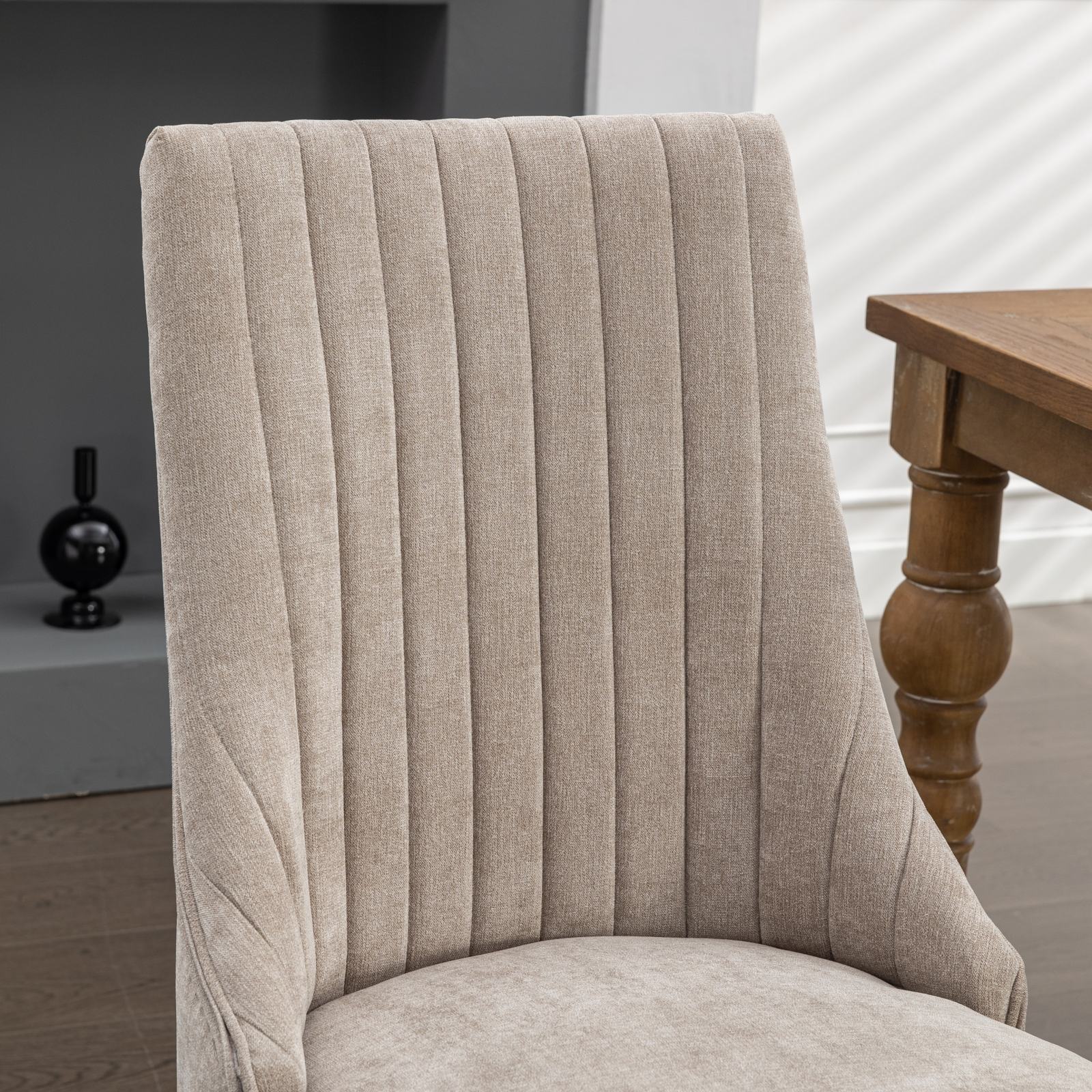 Dining Chairs Channel Upholstered Comfy Fabric Set of 2 with Curved Solid Wood Legs - Rayon Linen Beige