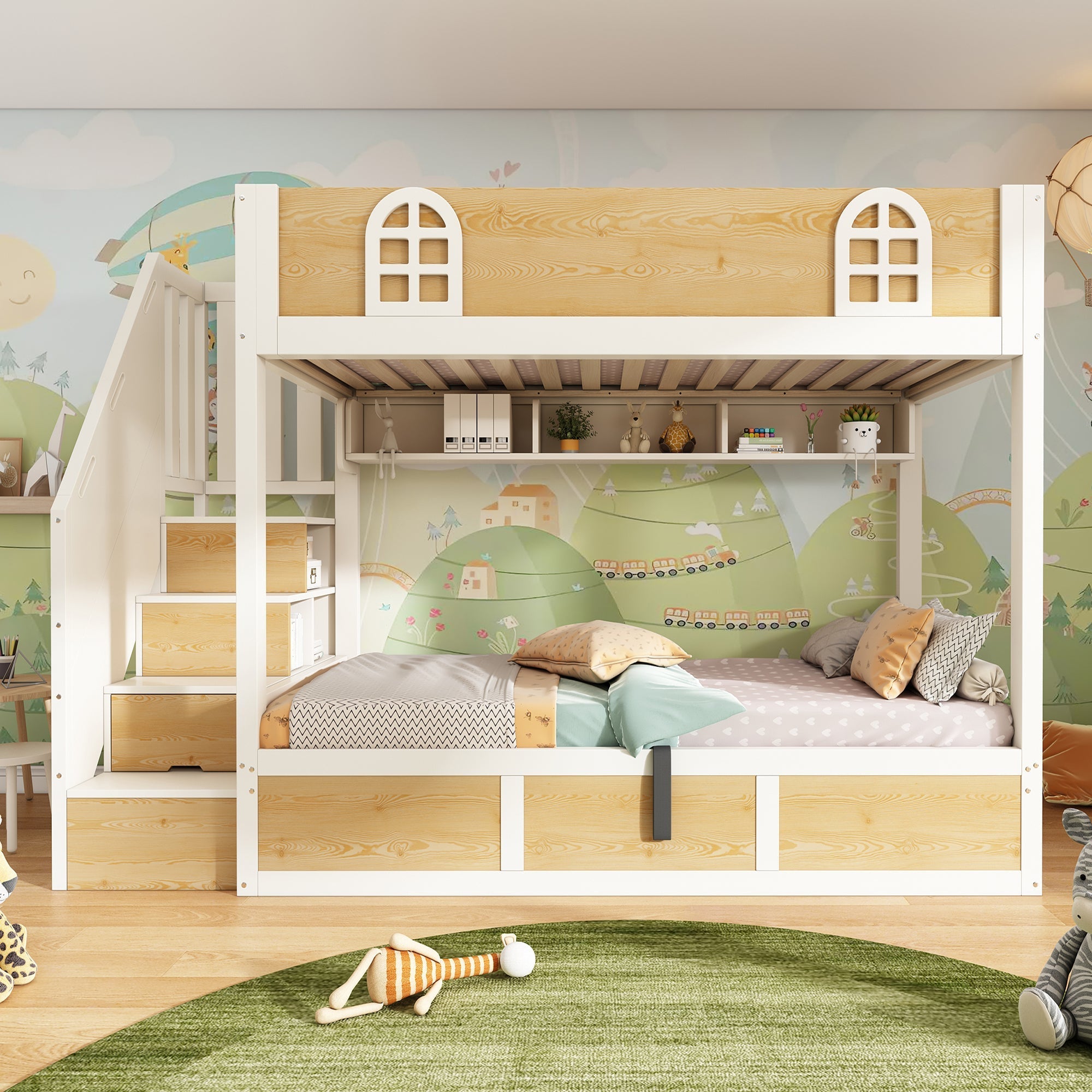 Children's Bunk Bed 90x200cm Staircase Wardrobe Storage White and Natural