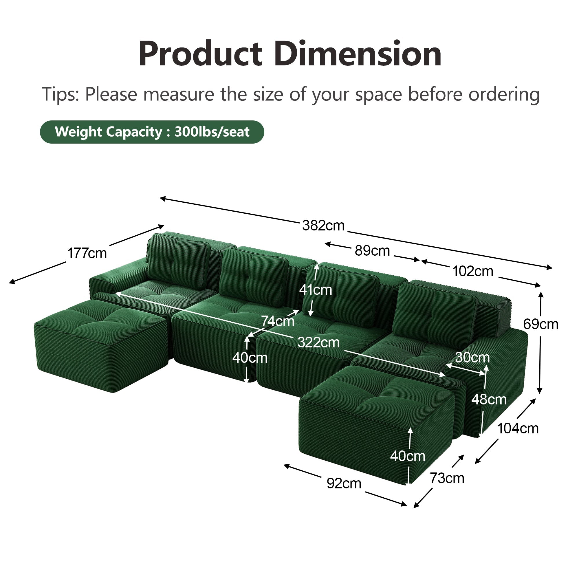 Modular Boneless Sofa U-Shaped Chaise 4-Seater - Corduroy Green