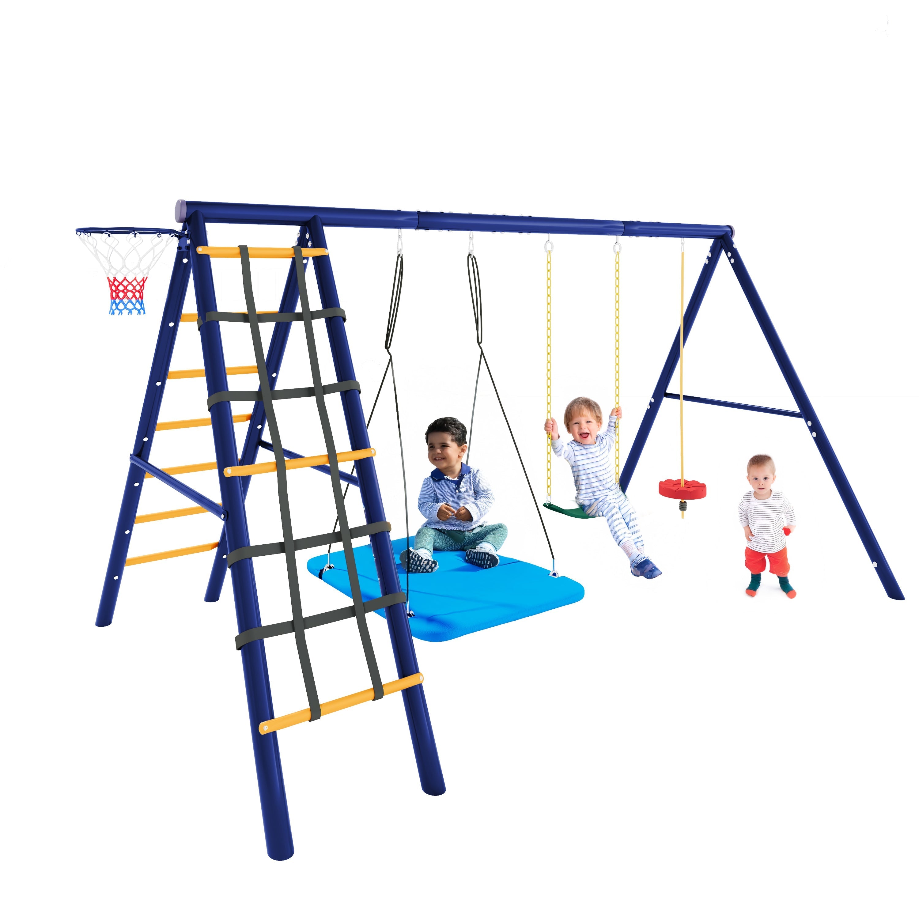 Multifunctional Outdoor Swing Set - 3 Swings, Climbing Frame, Basketball Hoop, Steel