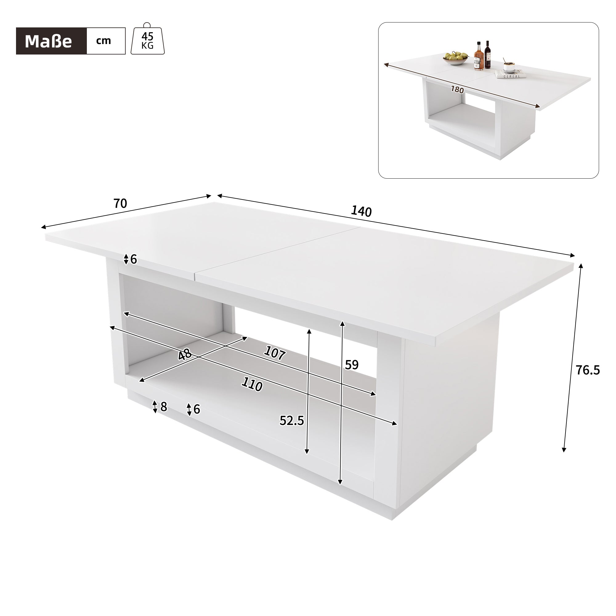 Extendable Dining Table, Modern Simple Square Design 140/180 cm, White