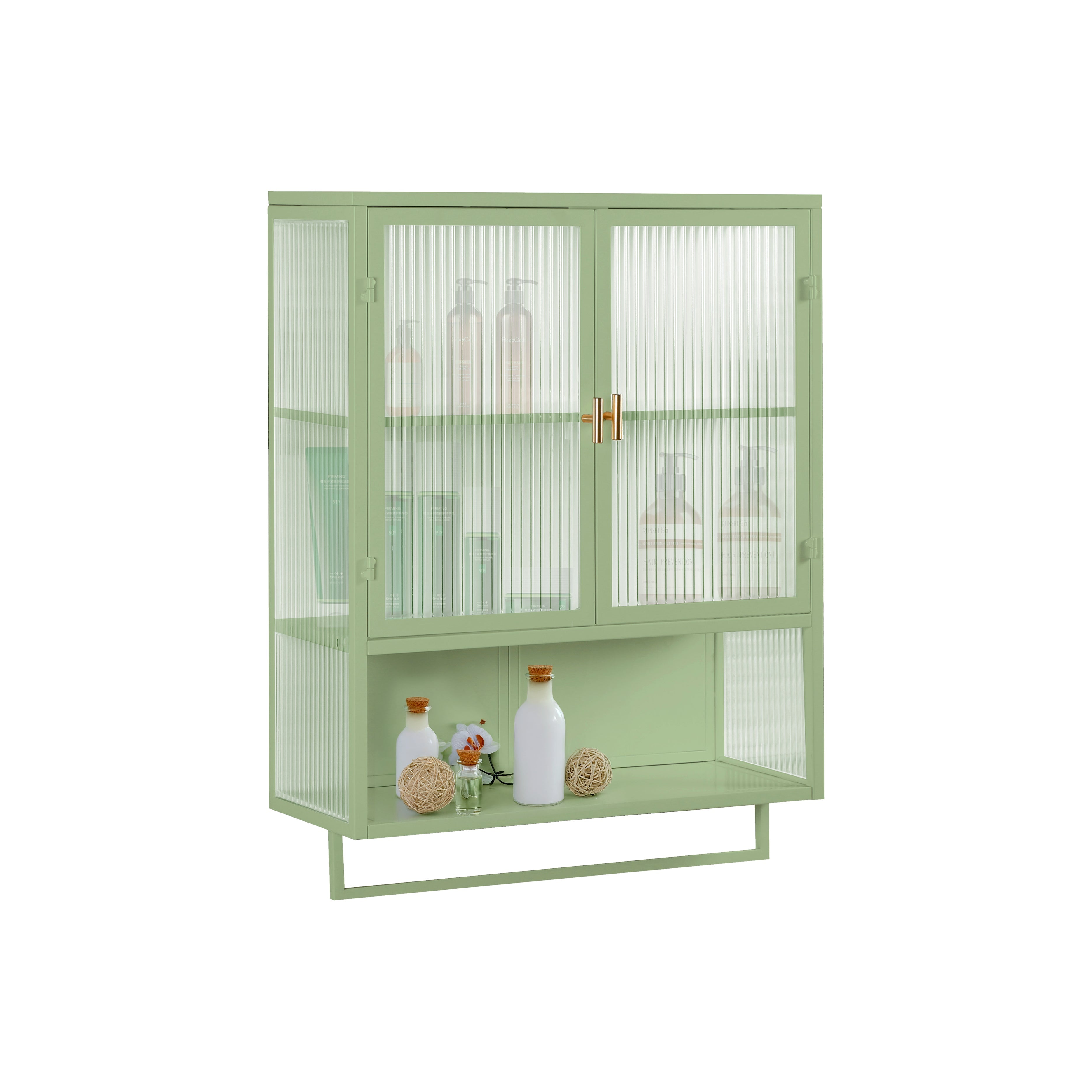 Wall Cabinet 60CM Glass Doors Two-tier Storage with Open Shelf & Towel Rack, Green