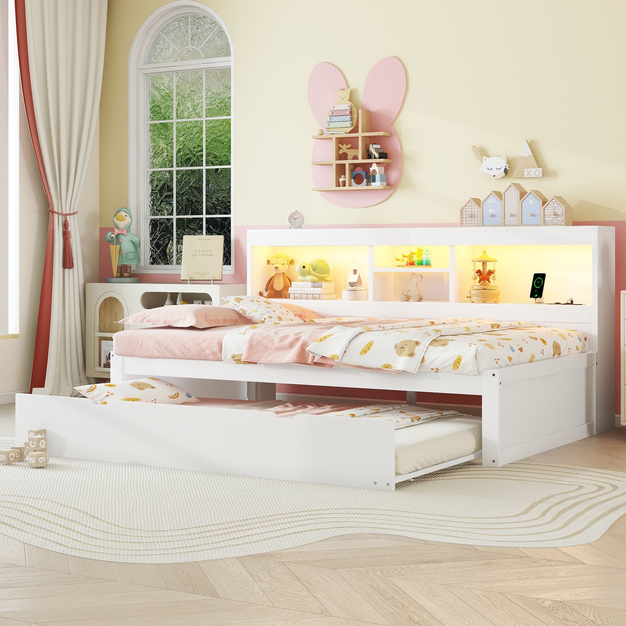 Daybed Sofa Bed 90x200cm Pull-out LED Storage USB/Power - White