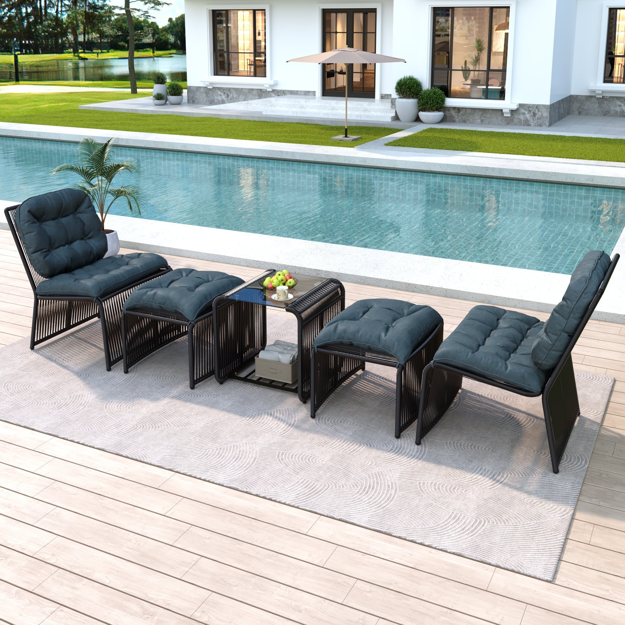5-Piece Outdoor Garden Furniture Set with Table, 2 Chairs, 2 Stools and Glass Top, PE Rattan and Iron Frame
