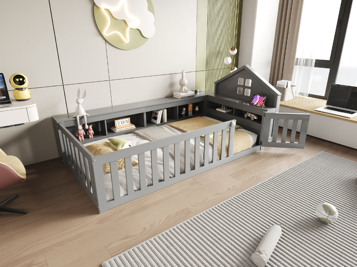 Children's Bed 90x200cm, Roof & Window, Storage, Safety Gate & Door, Solid Wood, Grey