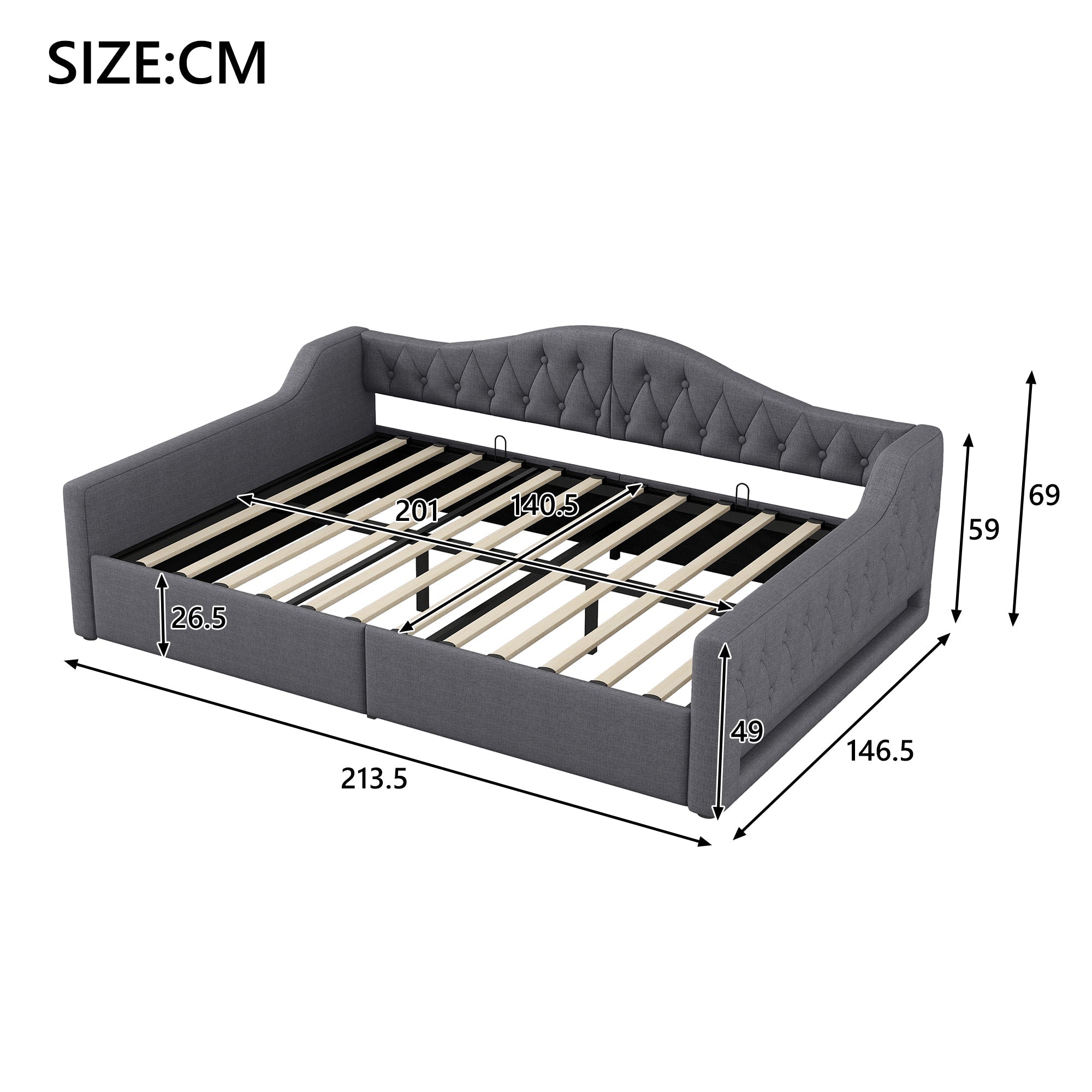 Daybed Upholstered 140x200cm LED Storage - Grey
