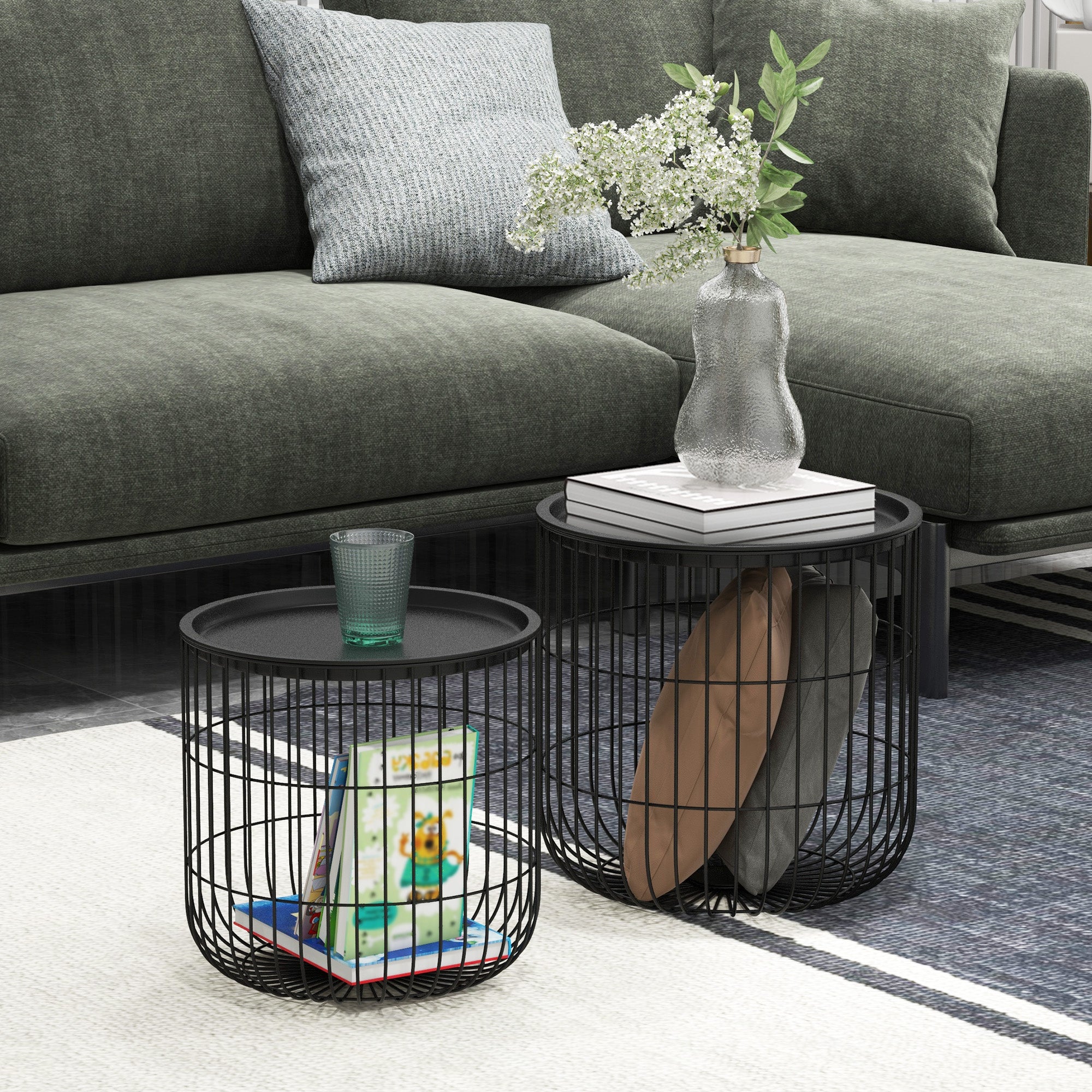 Couchtische, 2er-Set, skandinavisches Design mit Stauraum, Stahl Schwarz