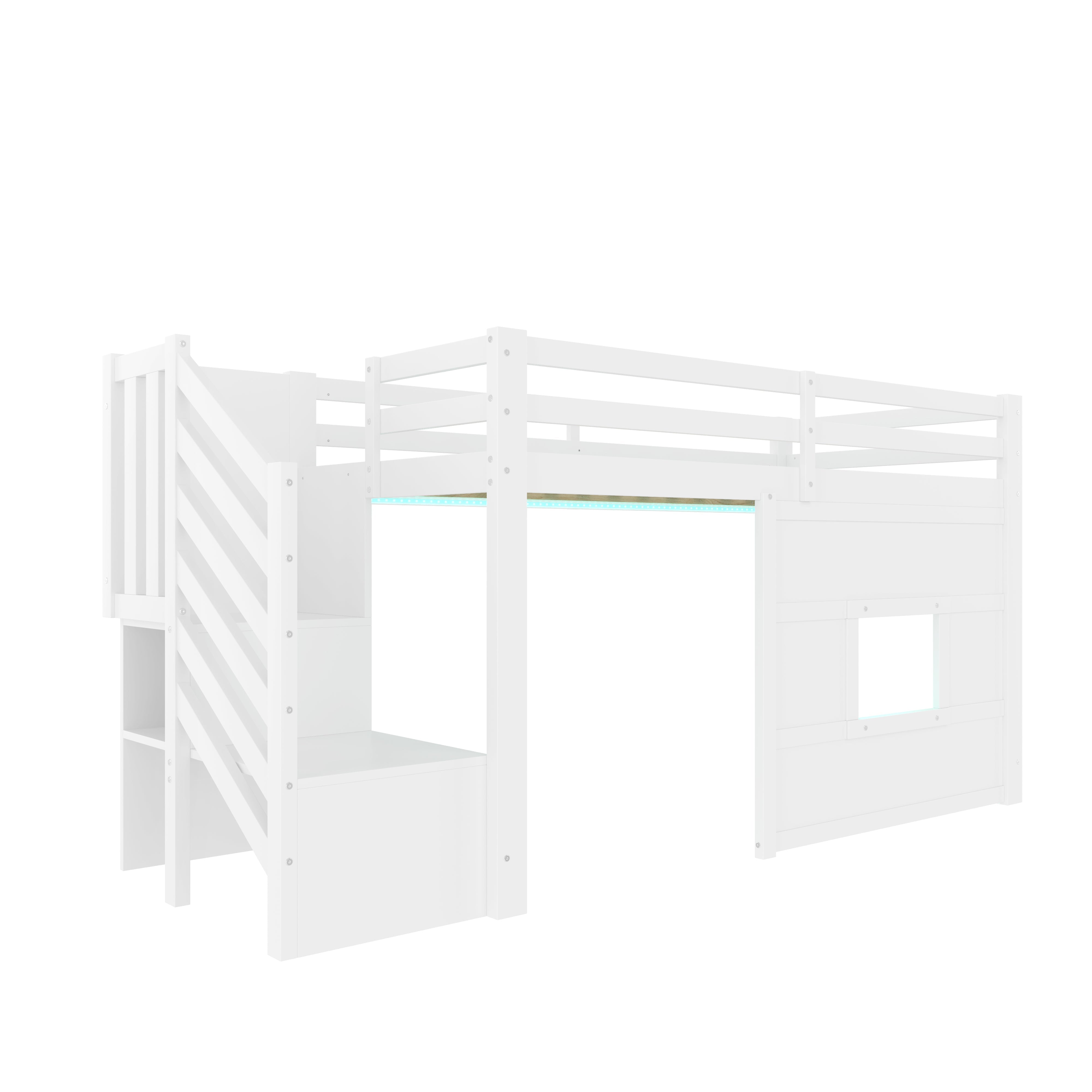 Loft Bed with Storage Stairs and Window, 90x200cm, White Pine Wood + MDF