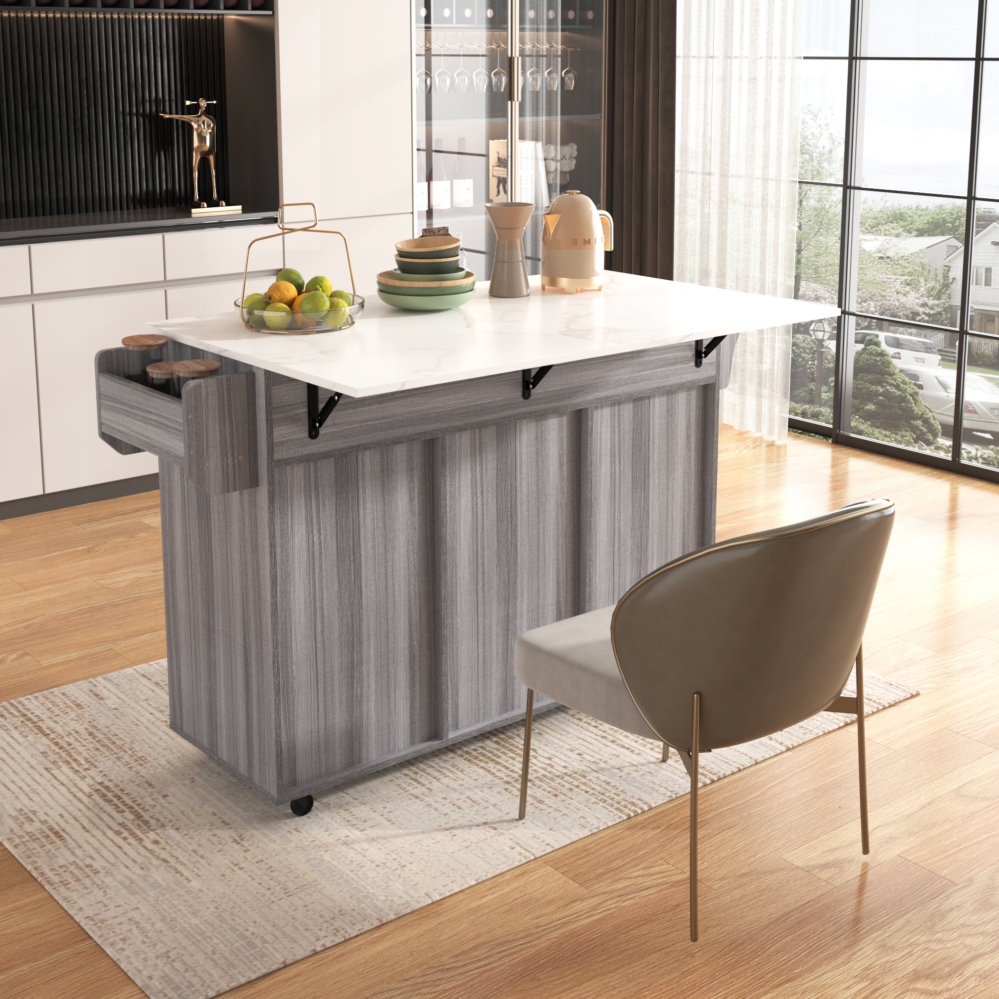 Serving Trolley Side Cabinet 139cm Folding Worktop Storage Doors Grey/White Veneer