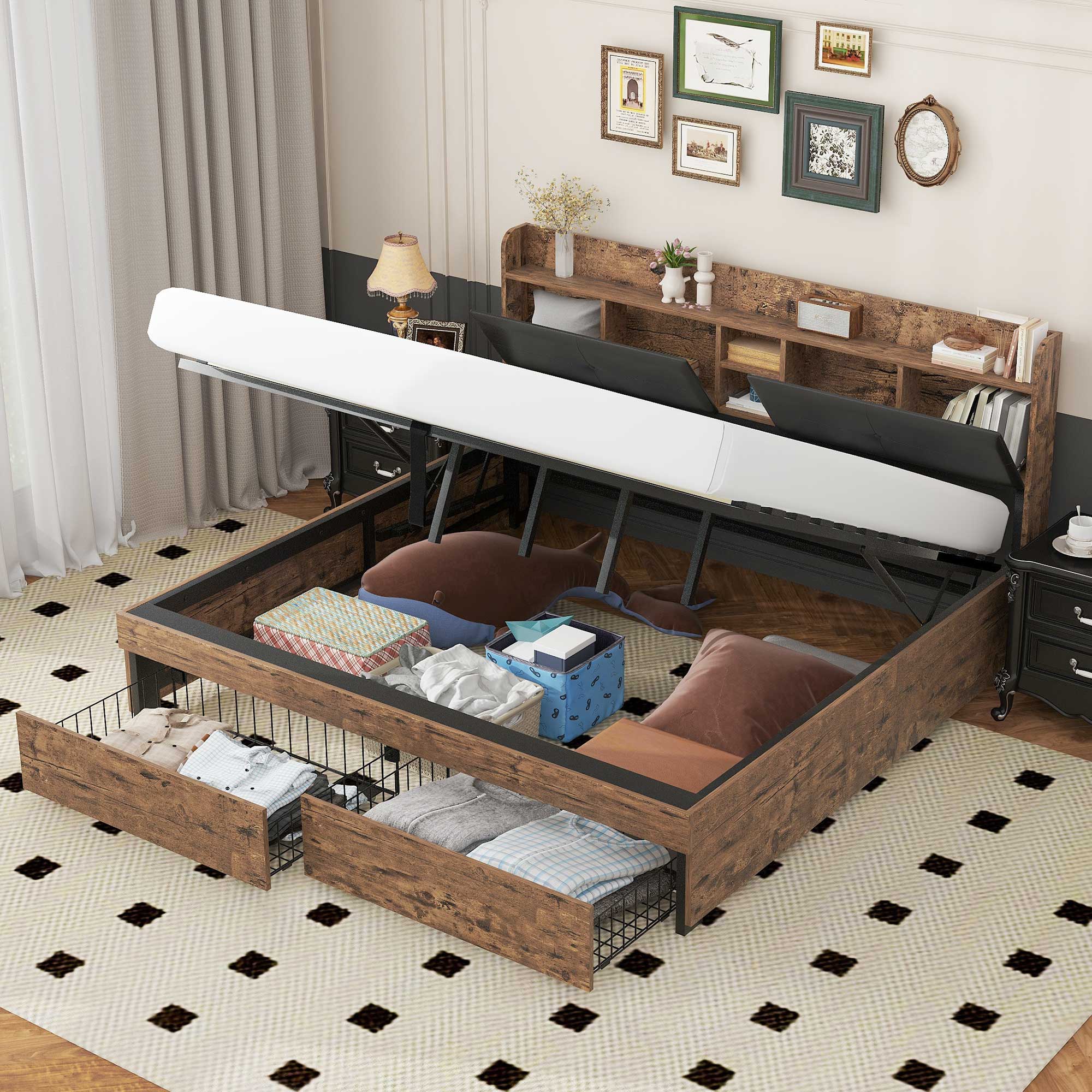 Hydraulic Metal Double Bed with Storage Headboard and Slatted Base, 180x200cm, Wood Color and Black