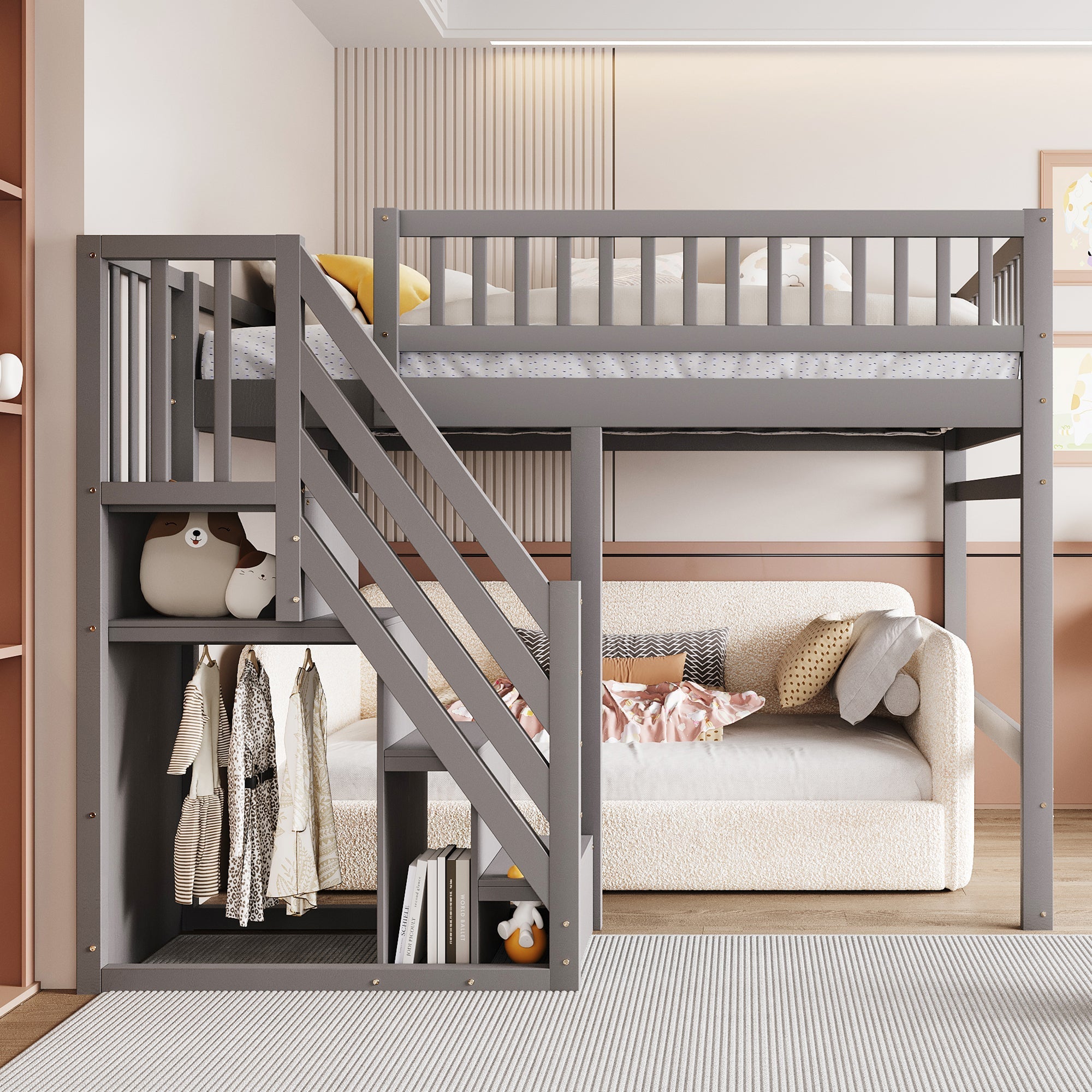 Solid wood bed 140*200, stairs with storage, high railing, grey