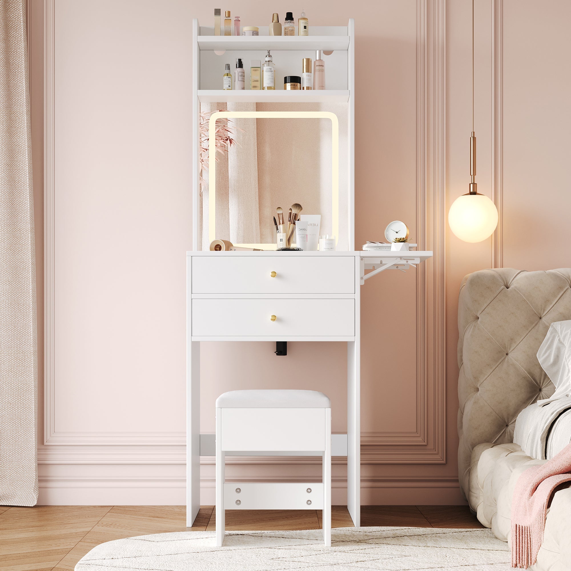 Small dressing table with adjustable LED lighting, stool, 2 drawers, 2 open compartments, and 22cm foldable tabletop, white