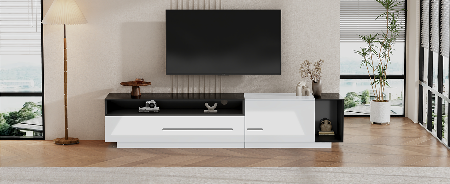 High-Gloss TV Cabinet, 170cm Lowboard for 70-inch TVs with Drawer & Door