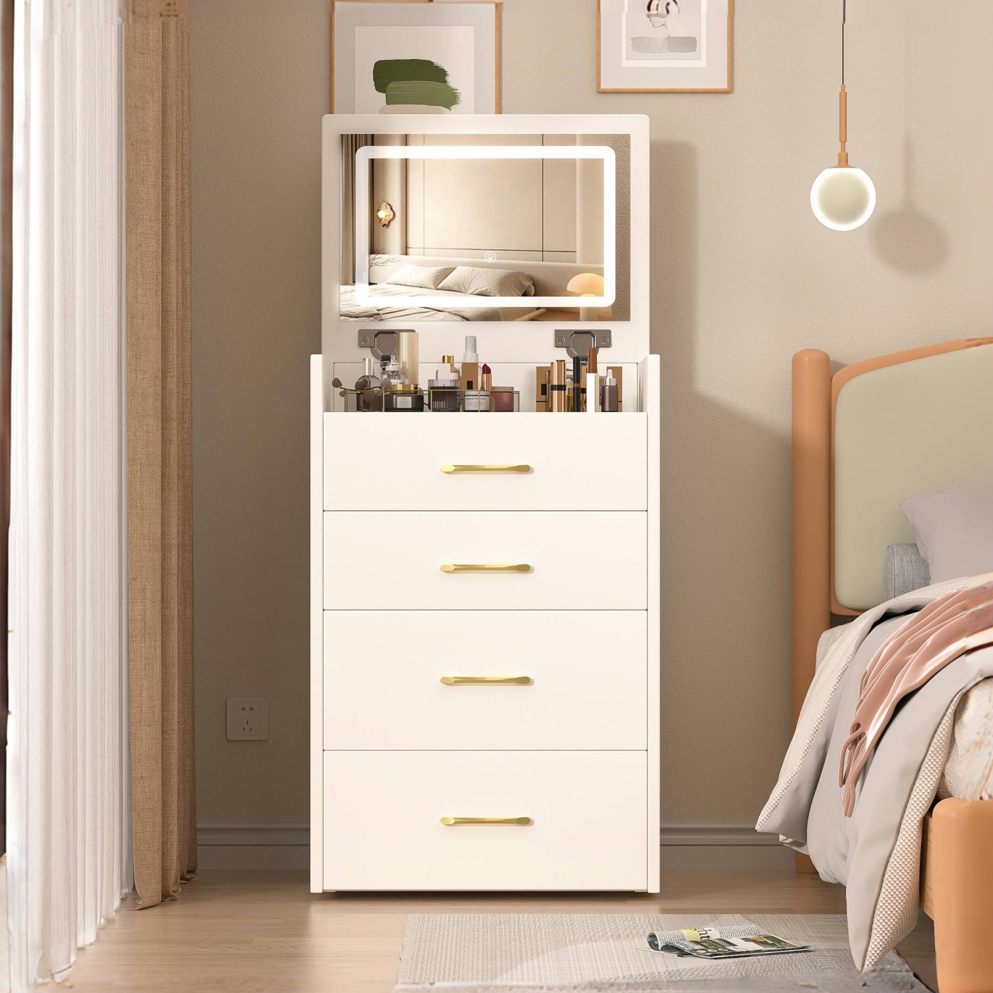 3-in-1 Dressing Table Set, Open Mirror 3 Drawers Compact W60cm, Clear Glass Top