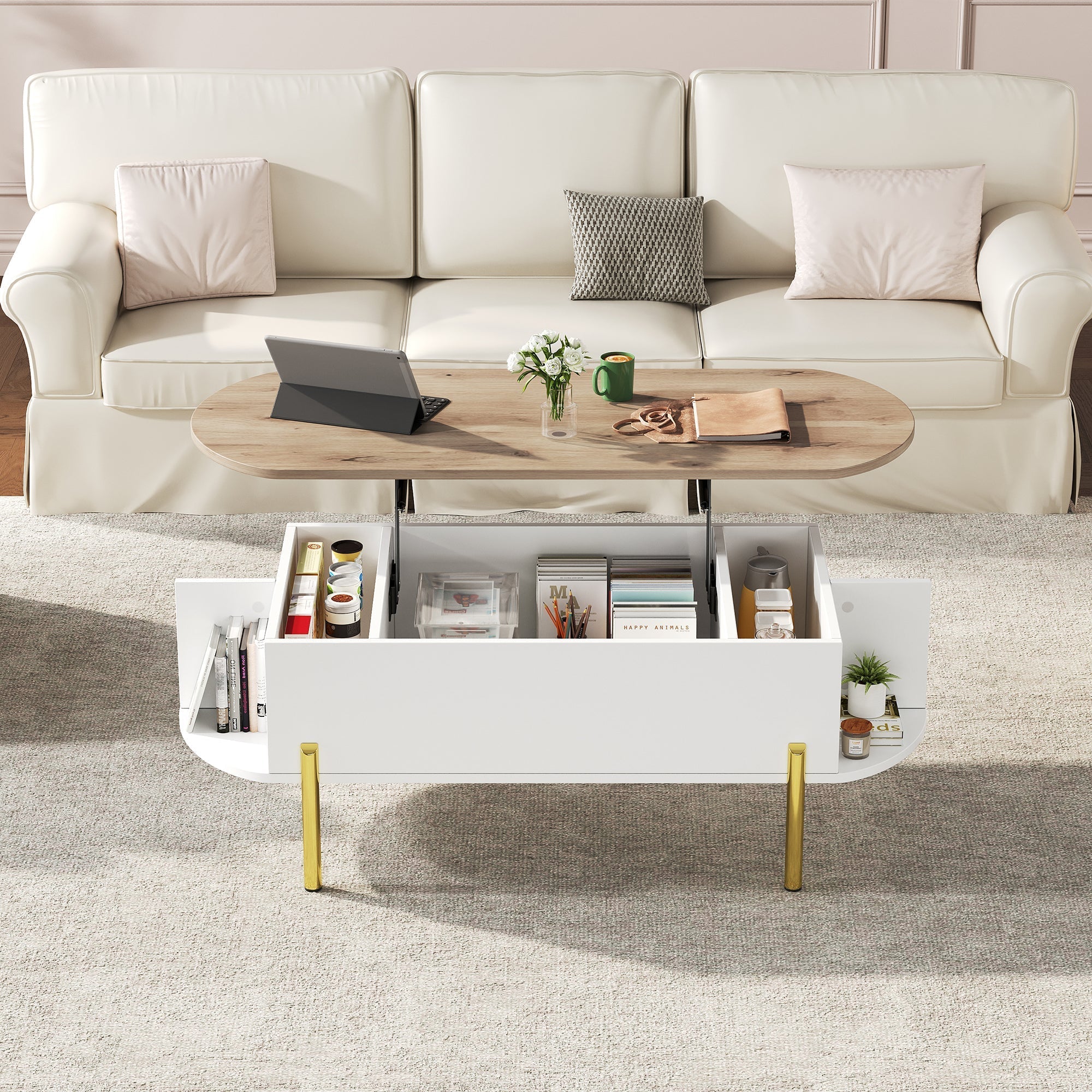 Coffee Table 120x50x43cm Height-Adjustable Hidden Storage 7 Shelves Wood/White