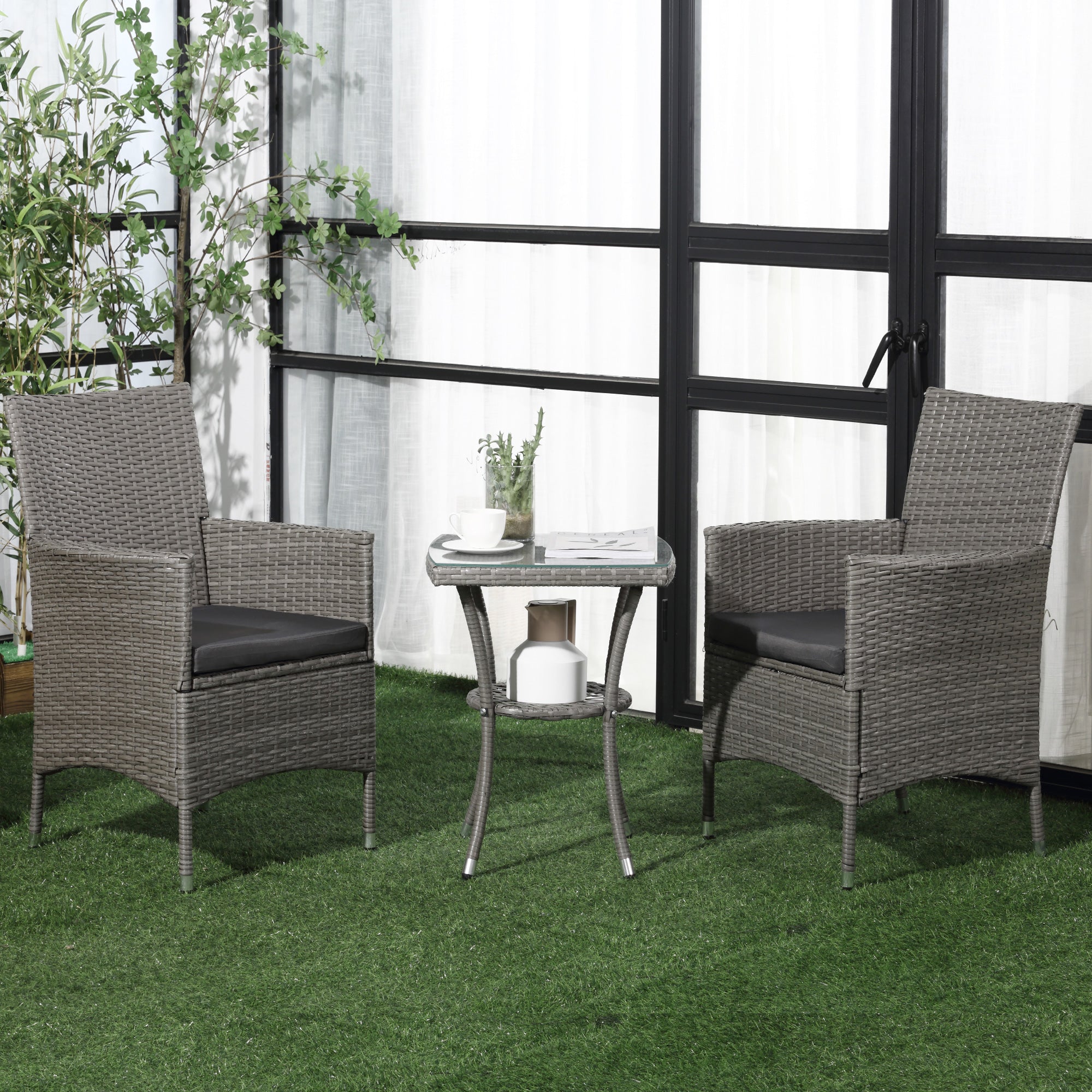 3 Pieces Rattan Bistro Set Wicker with 2-Tier Table and Washable Cushions Grey