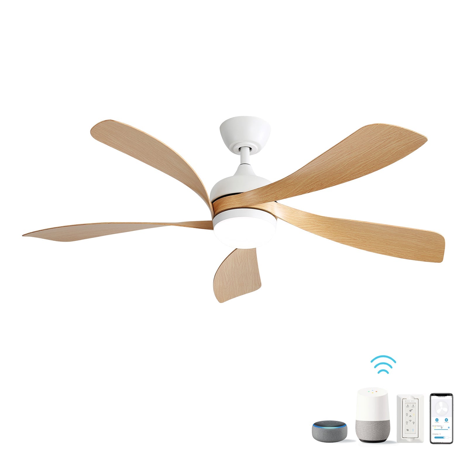 52-inch Modern Ceiling Fan, 3-Color Dimmable LED, Remote, Reversible DC Motor, White
