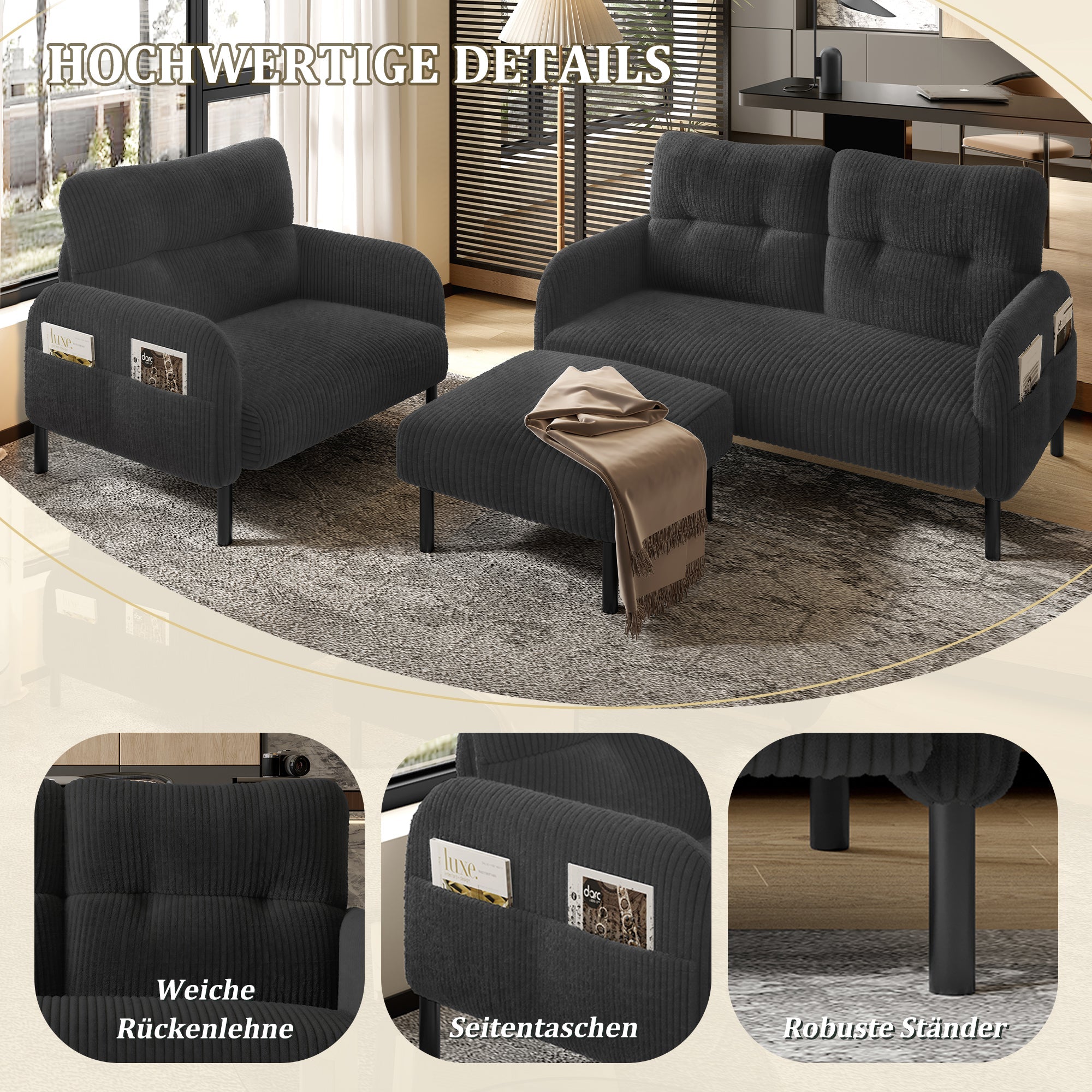 Cord Sofa Set, Modular 3-Piece Deep Seat Side Pocket, Grey Fabric