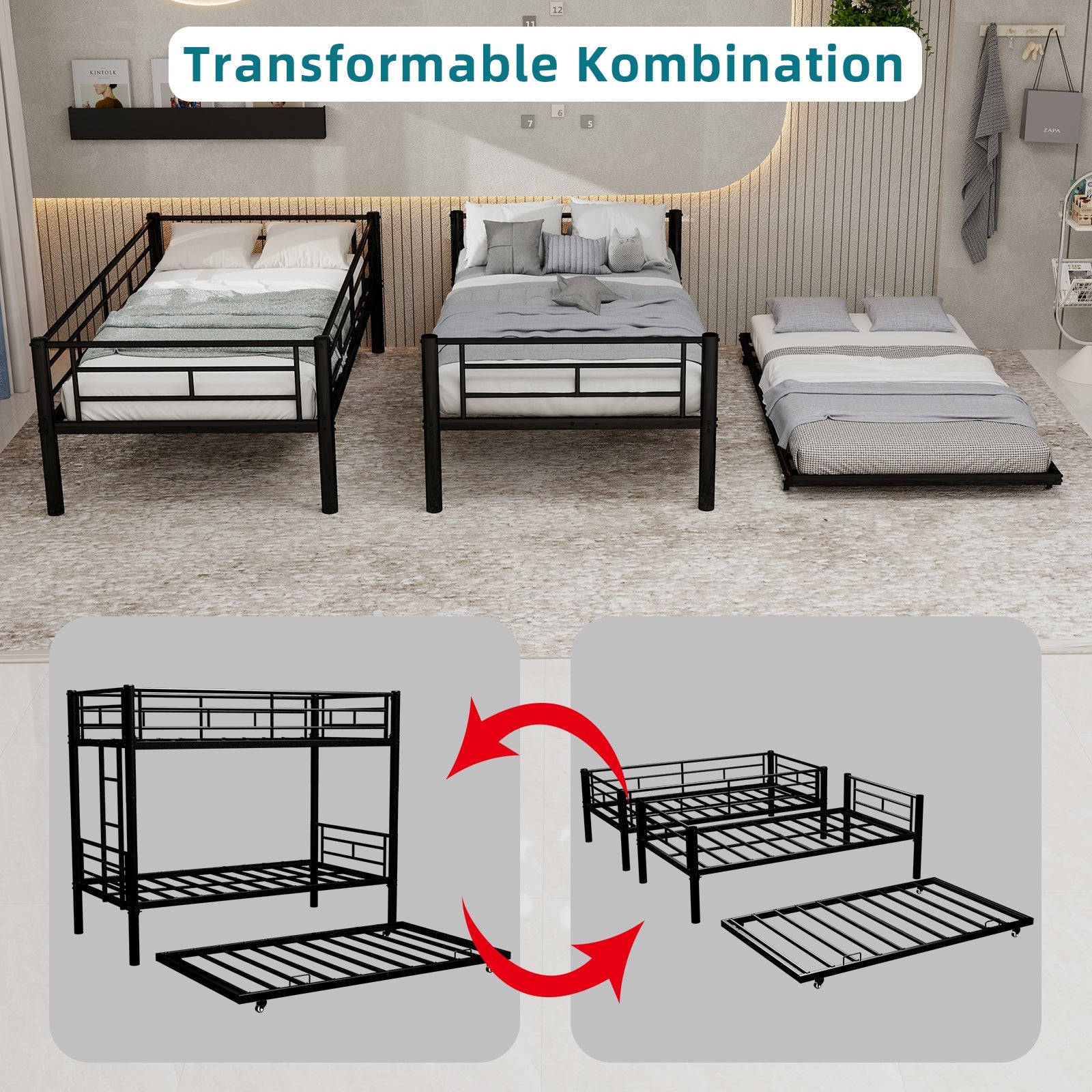 Meta Twin over Twin Bunk Bed, Heavy-Duty Stable Low Noise Safety Railing, Metal