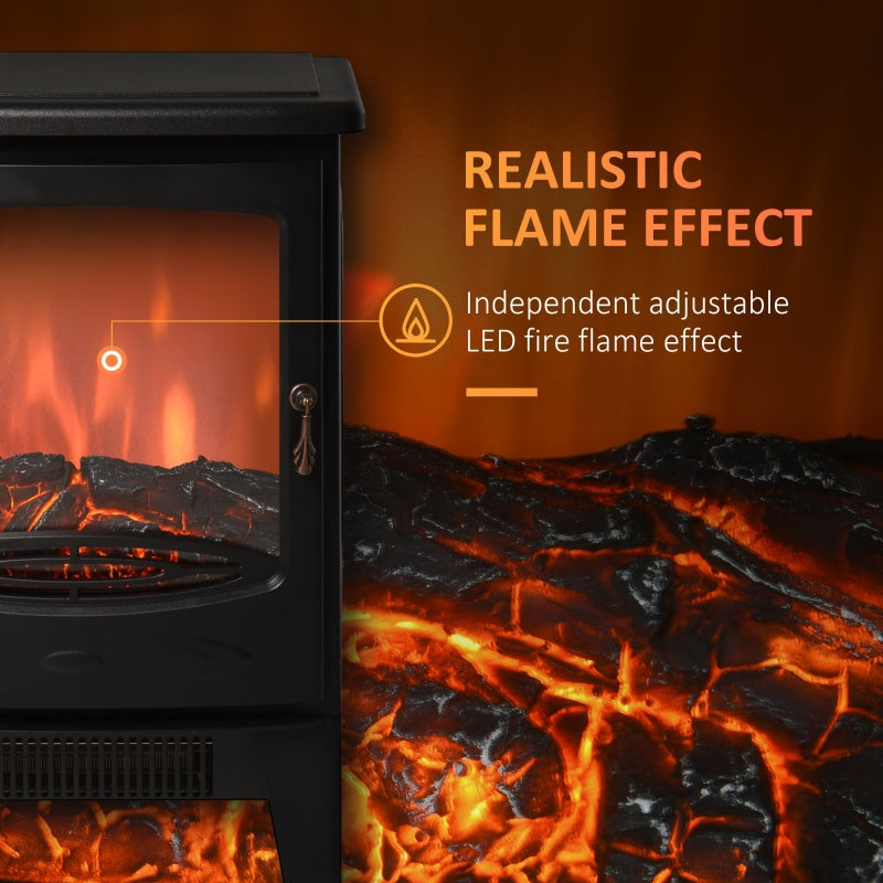 Freestanding Electric Fireplace Heater 900W/1800W Adjustable Flame Tempered Glass Black Metal