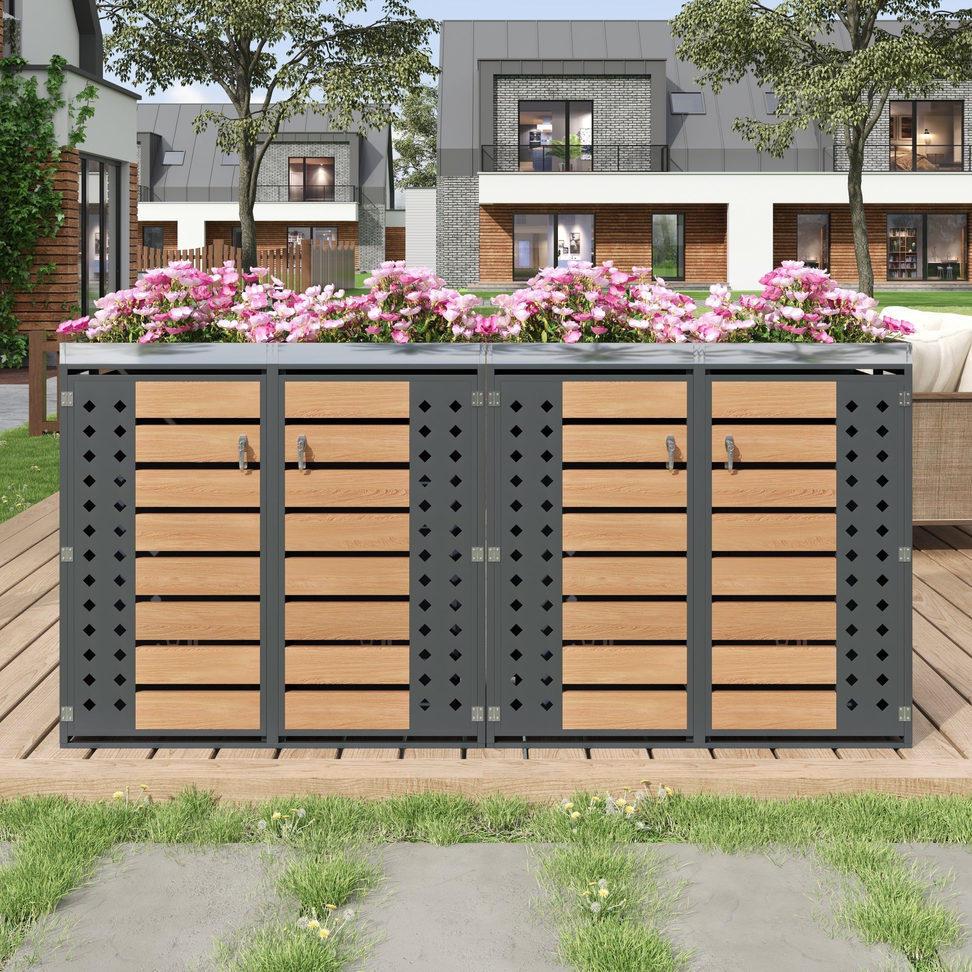 Garbage Can Enclosure with Lockable Four Doors and Planting Area, Horizontal Wood Grain Panels