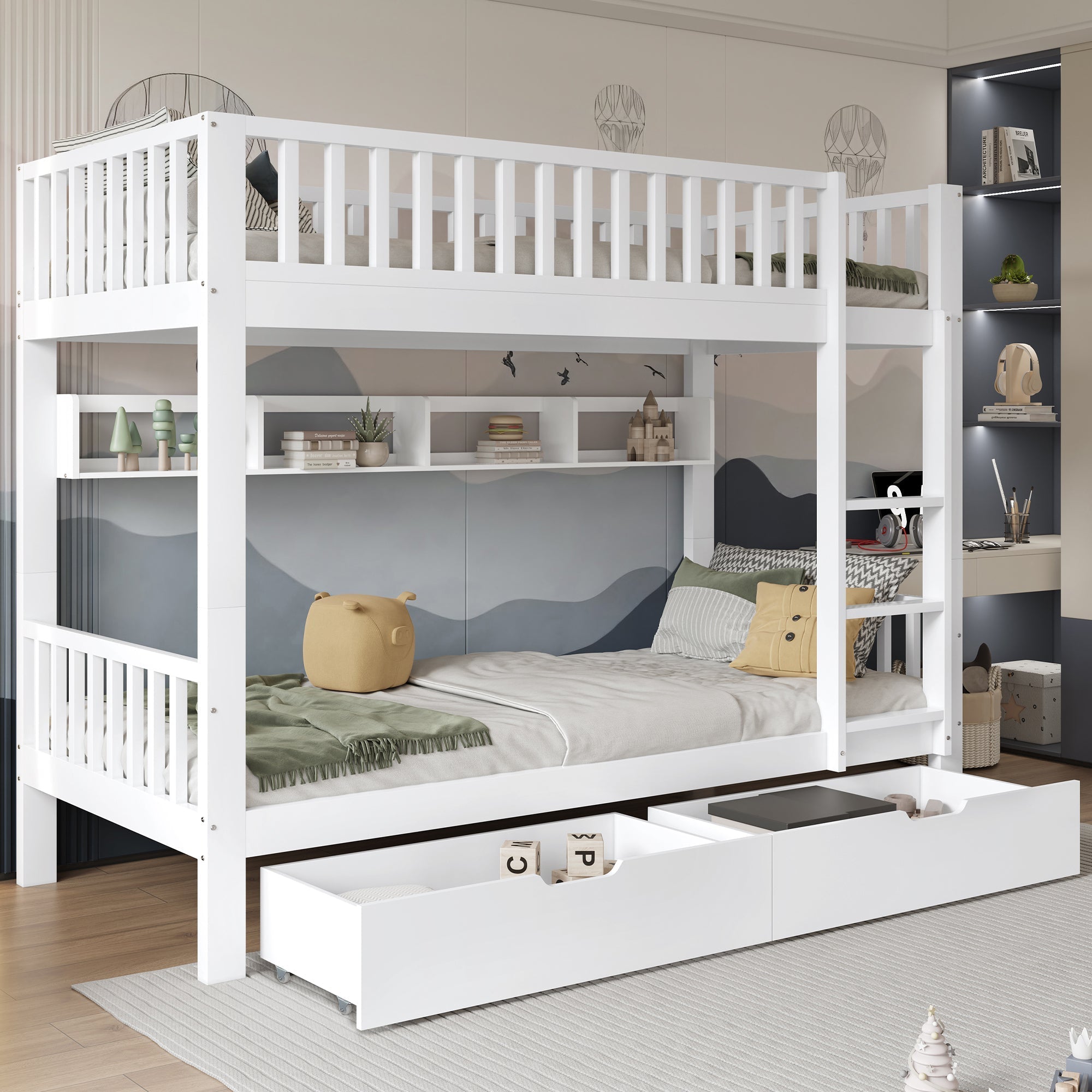 [31911901WAA] Bunk Bed Safety Rail Storage Ladder 90x200cm Pine Wood White