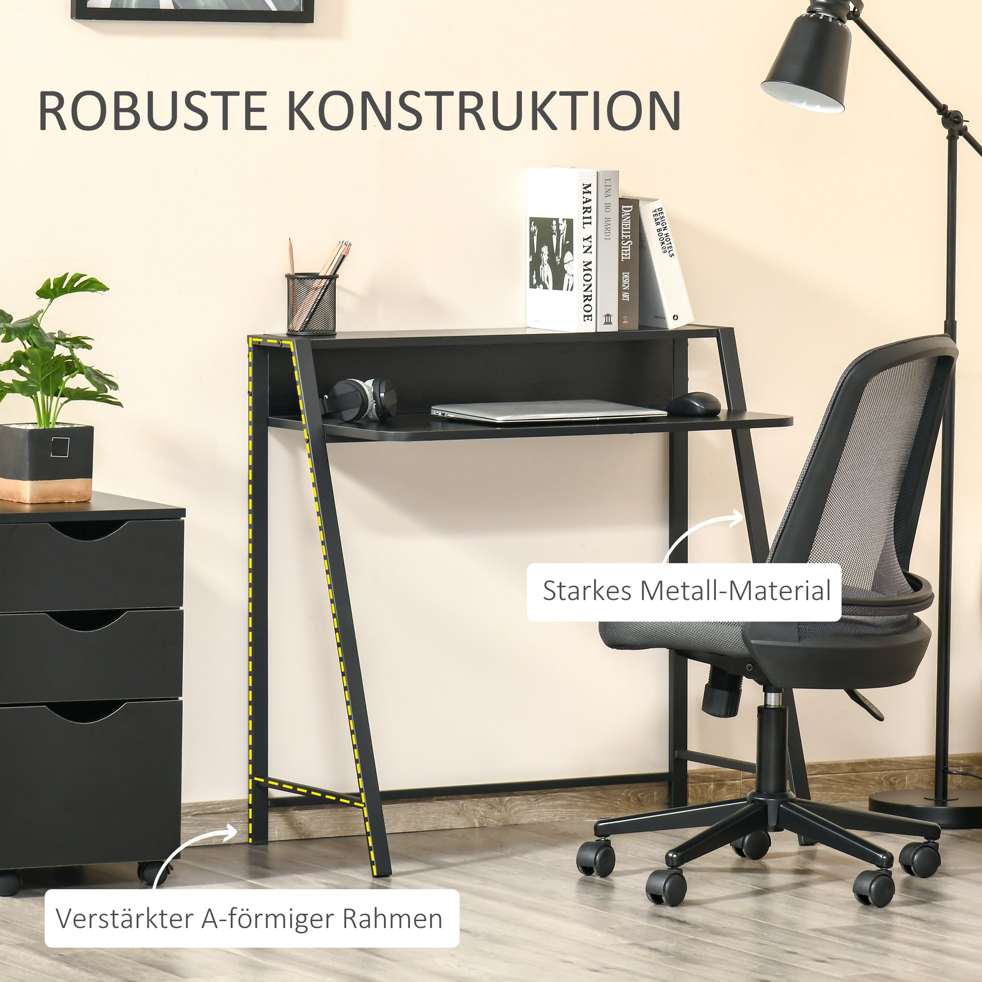 Computertisch mit Ablage, Kabelmanagement, Metall Schwarz