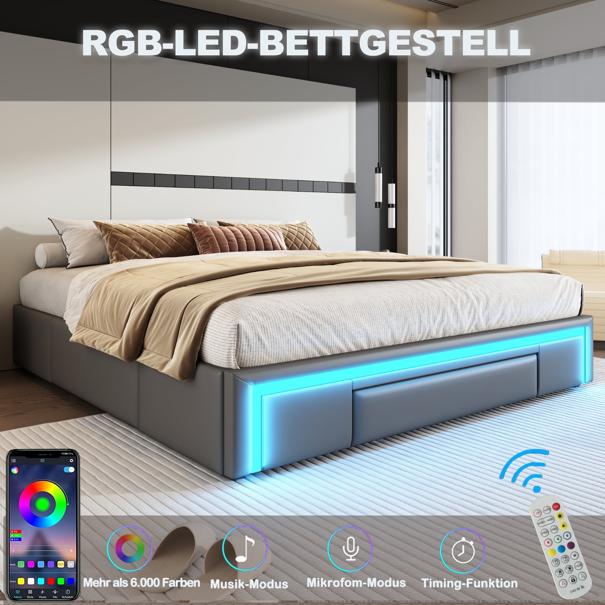 Bed Frame 160x200 with Drawers, LED Light Bar, Metal Slatted Platform, PU Leather Gray