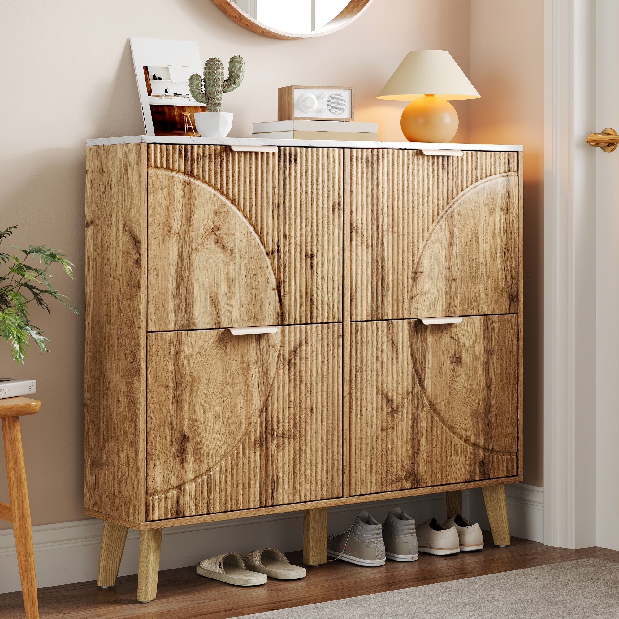 Shoe Cabinet with 4 Doors and Marble Look Worktop, Wood Look and Solid Wood Legs