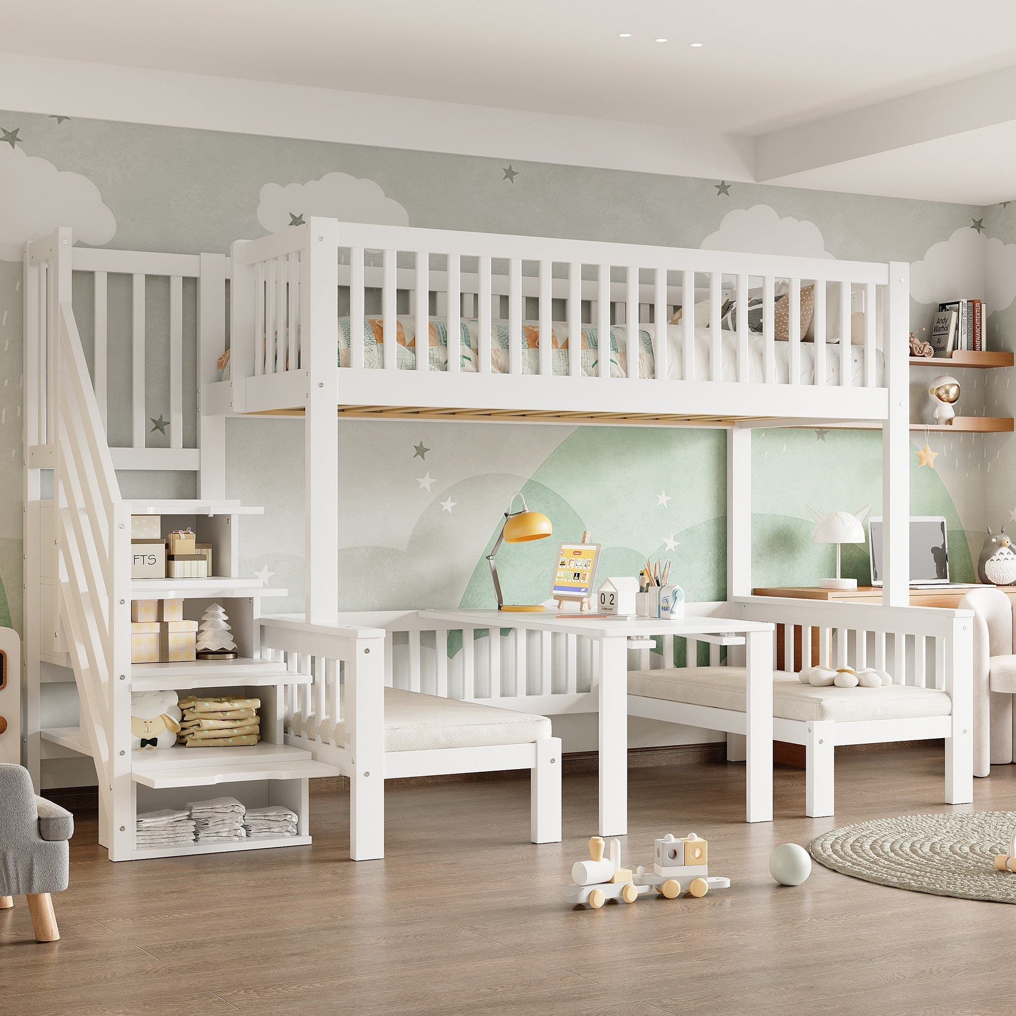 Bunk Bed, Multifunctional Height-Adjustable Table, Storage Ladder & Safety Railing, Pine + MDF + Plywood, White