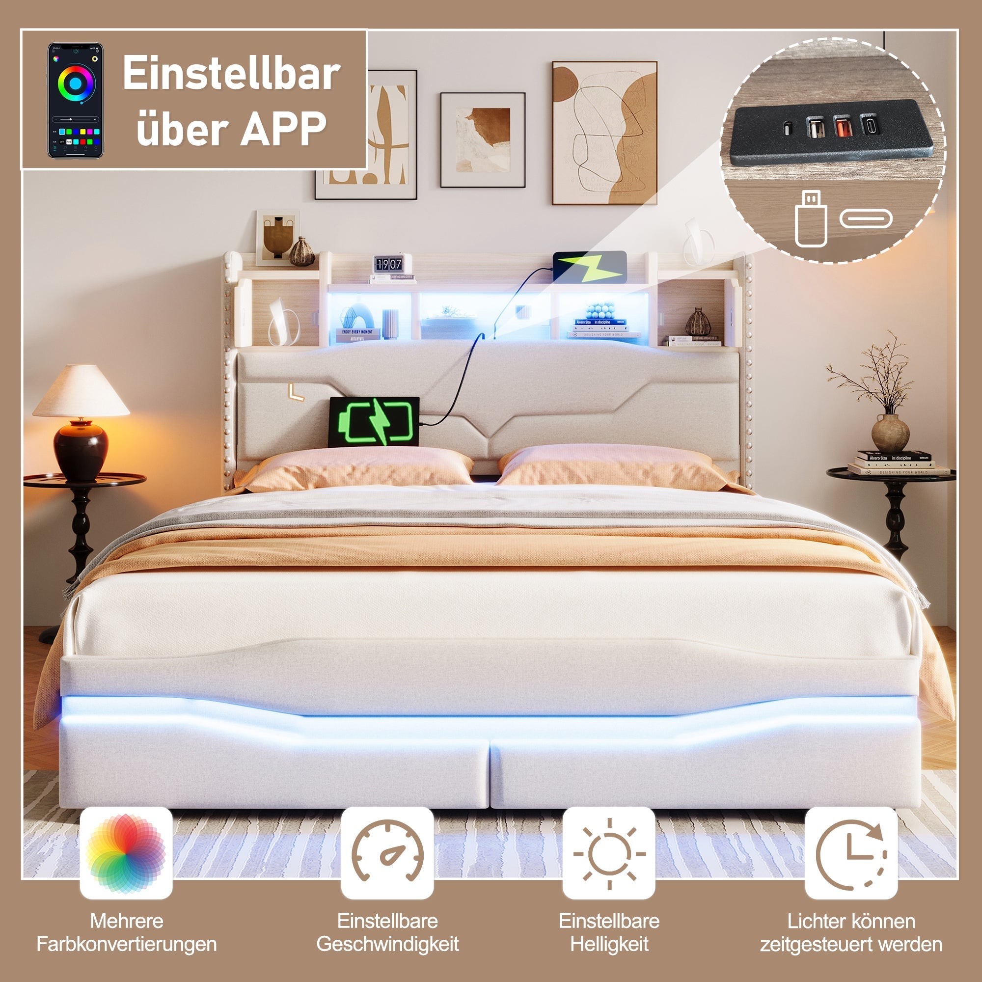 Upholstered Bed 140x200cm Hydraulic Storage USB-C LED Headboard Compartment Beige