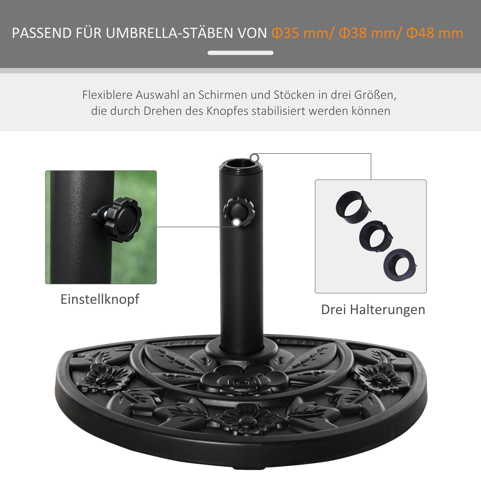 Parasol Base 9kg Floral Motif Semi-Circular HDPE Black