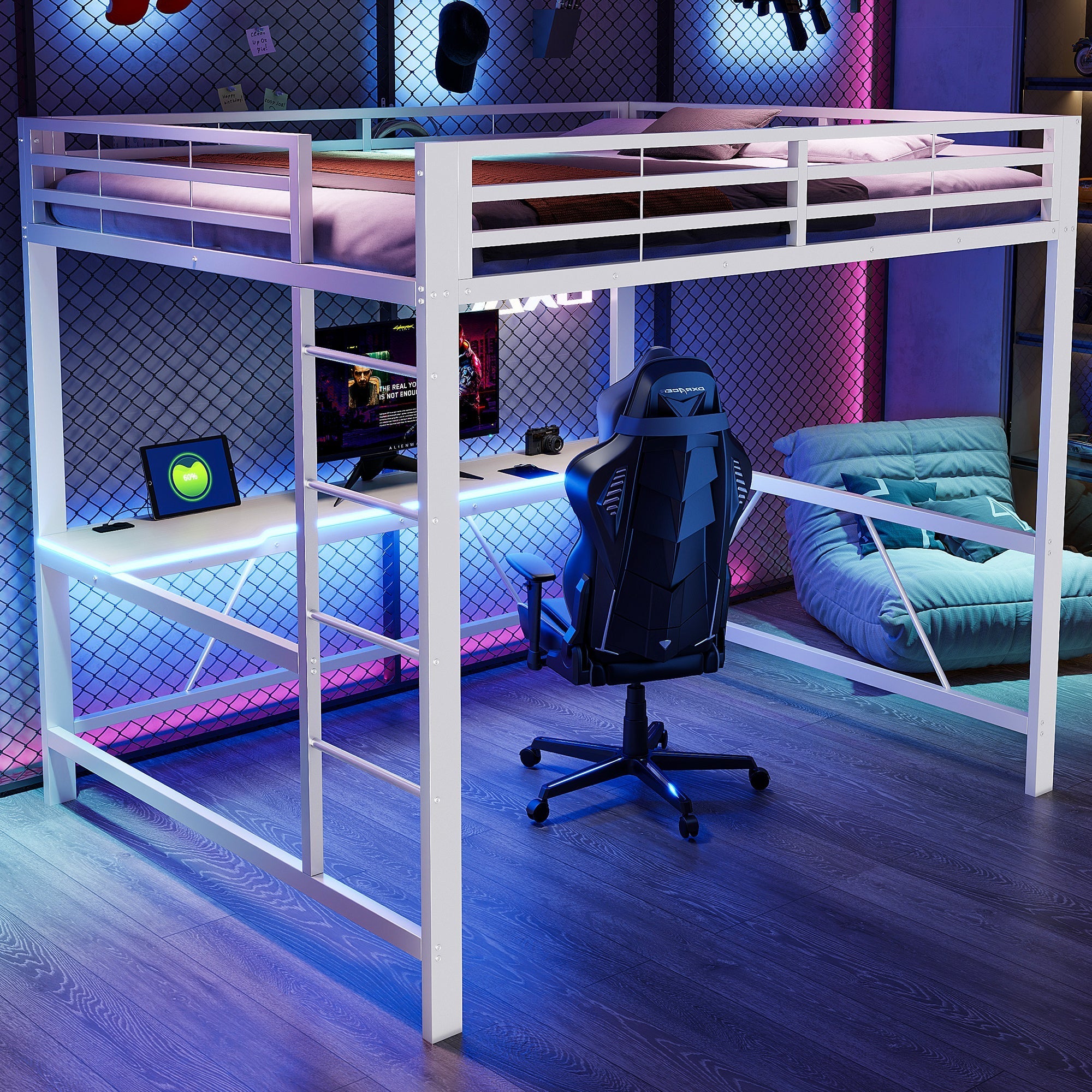 Gaming Loft Bed Frame with 160x200 Desk, LED and USB, White Metal