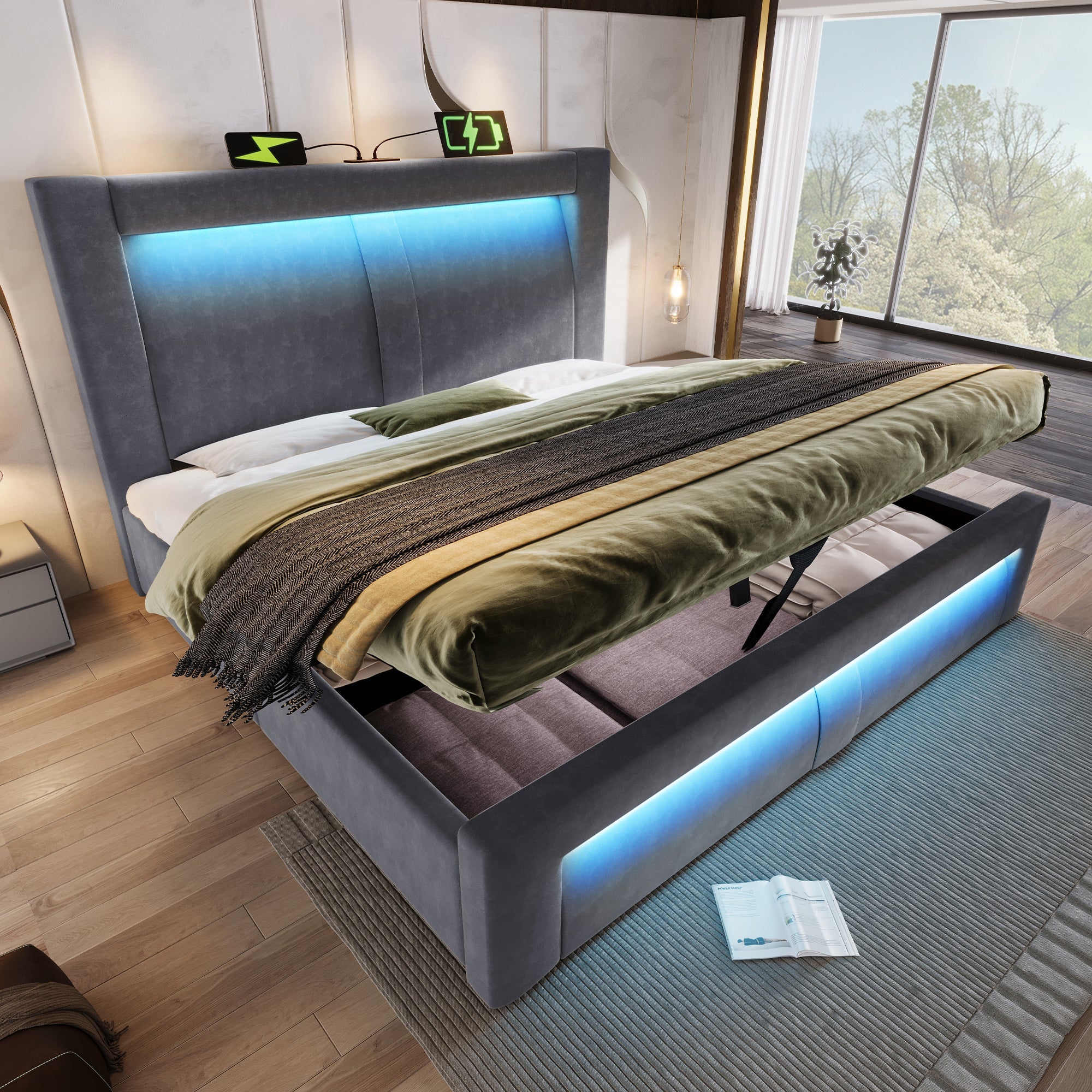 Double Bed with Hydraulic Storage, LED, USB and Type-C Ports, 140x200cm, Grey Velvet