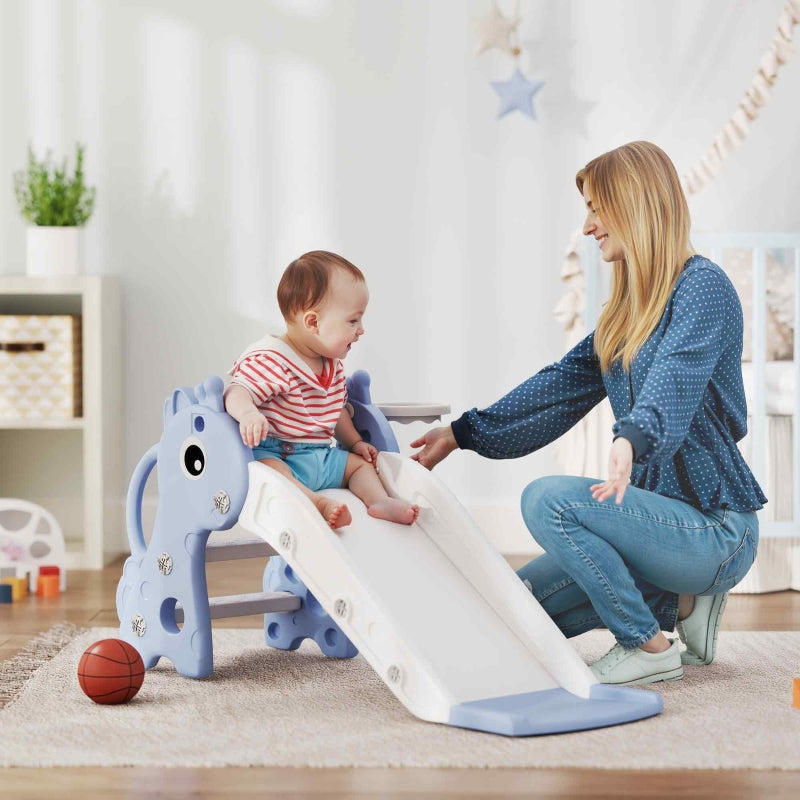AIYAPLAY 3-in-1 Kids Slide, Giraffe Shape, Basketball Hoop, Ball, Blue